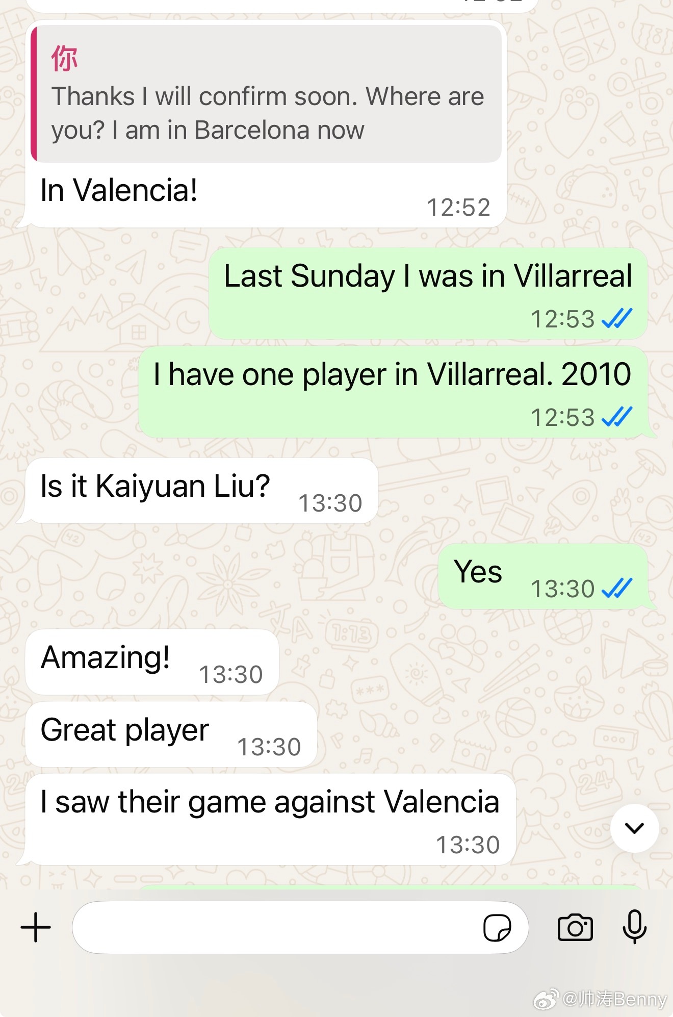 联系比赛时候聊起来的看来凯凯在巴伦西亚还是有一定知名度的 