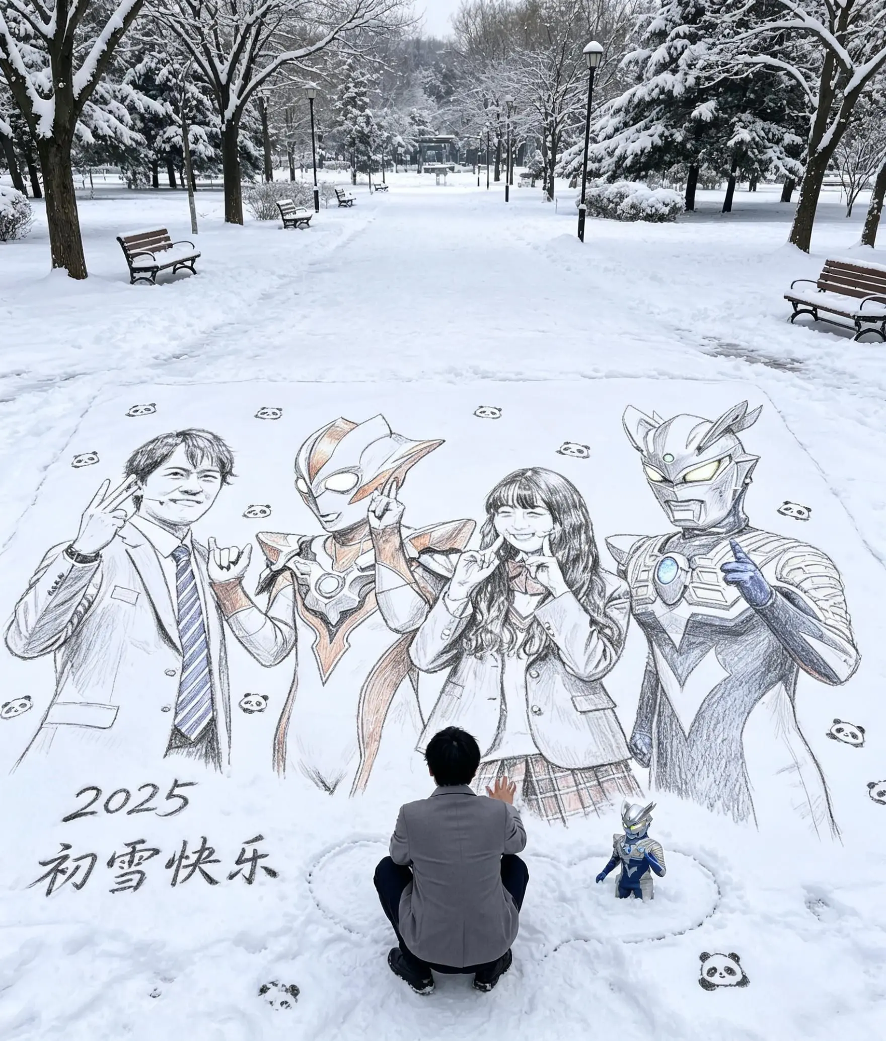 雪地手绘风 在雪地里当画家咯 万物皆有初雪氛围