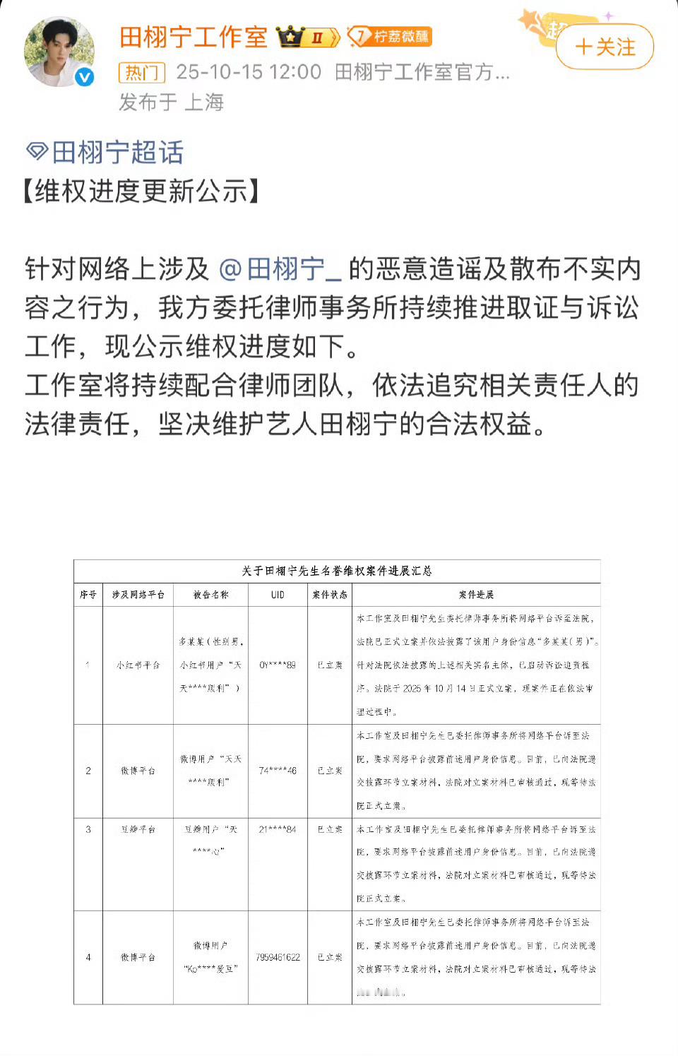 田栩宁维权告了不少人！[柯基][柯基][柯基]田栩宁后援会暂停相关工作田栩宁工作