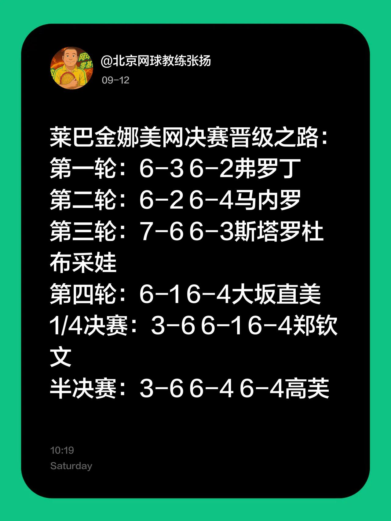 莱巴金娜美网决赛晋级之路：
第一轮：6-3 6-2弗罗丁
第二轮：6-2 6-4