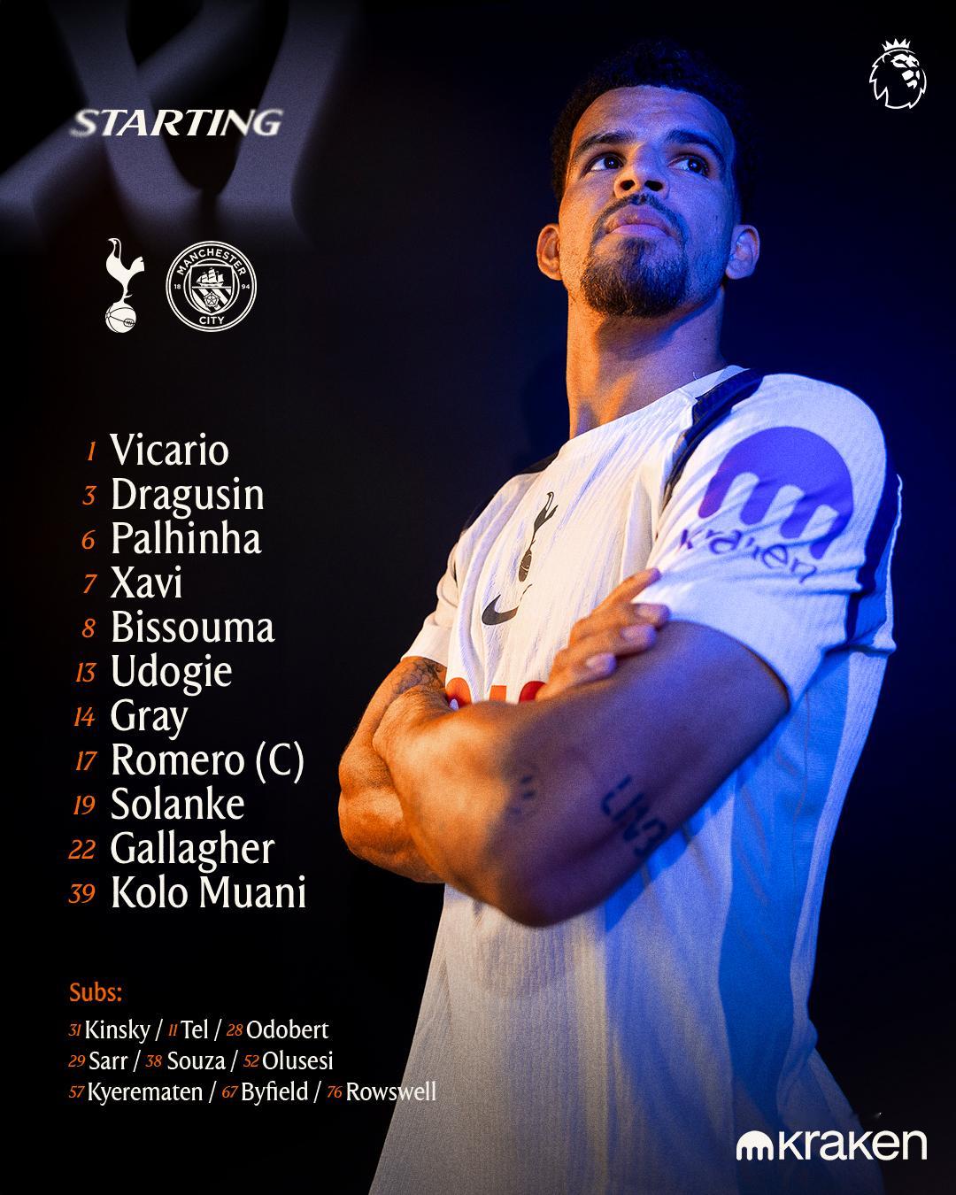 热刺VS曼城｜赛前首发🇮🇹维卡里奥🇮🇹乌多基🇦🇷罗梅罗（C）🇷🇴