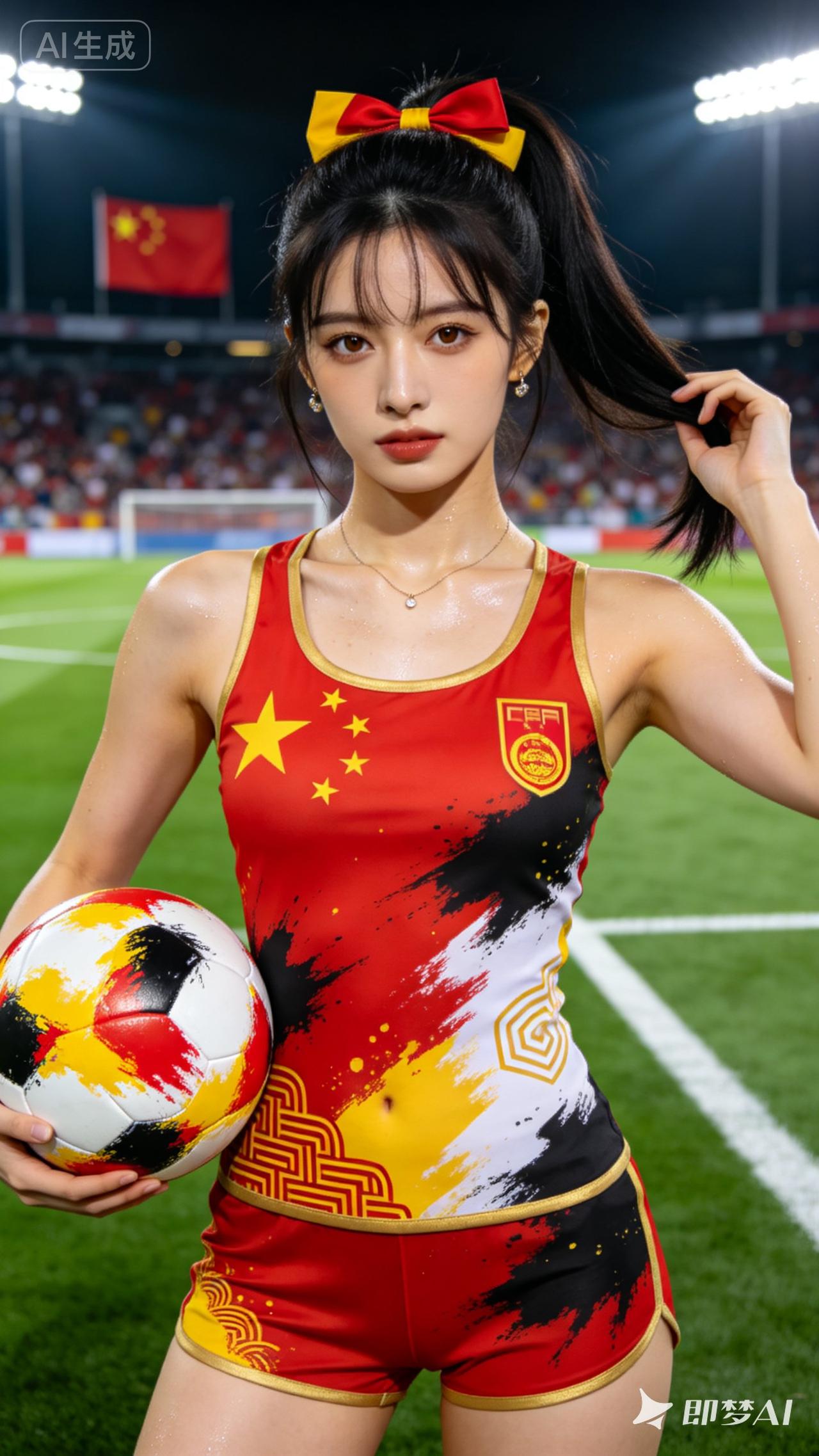 红衫配五星，手握足球
赛场少女，为中国足球加油🇨🇳
少年意气，永不退场