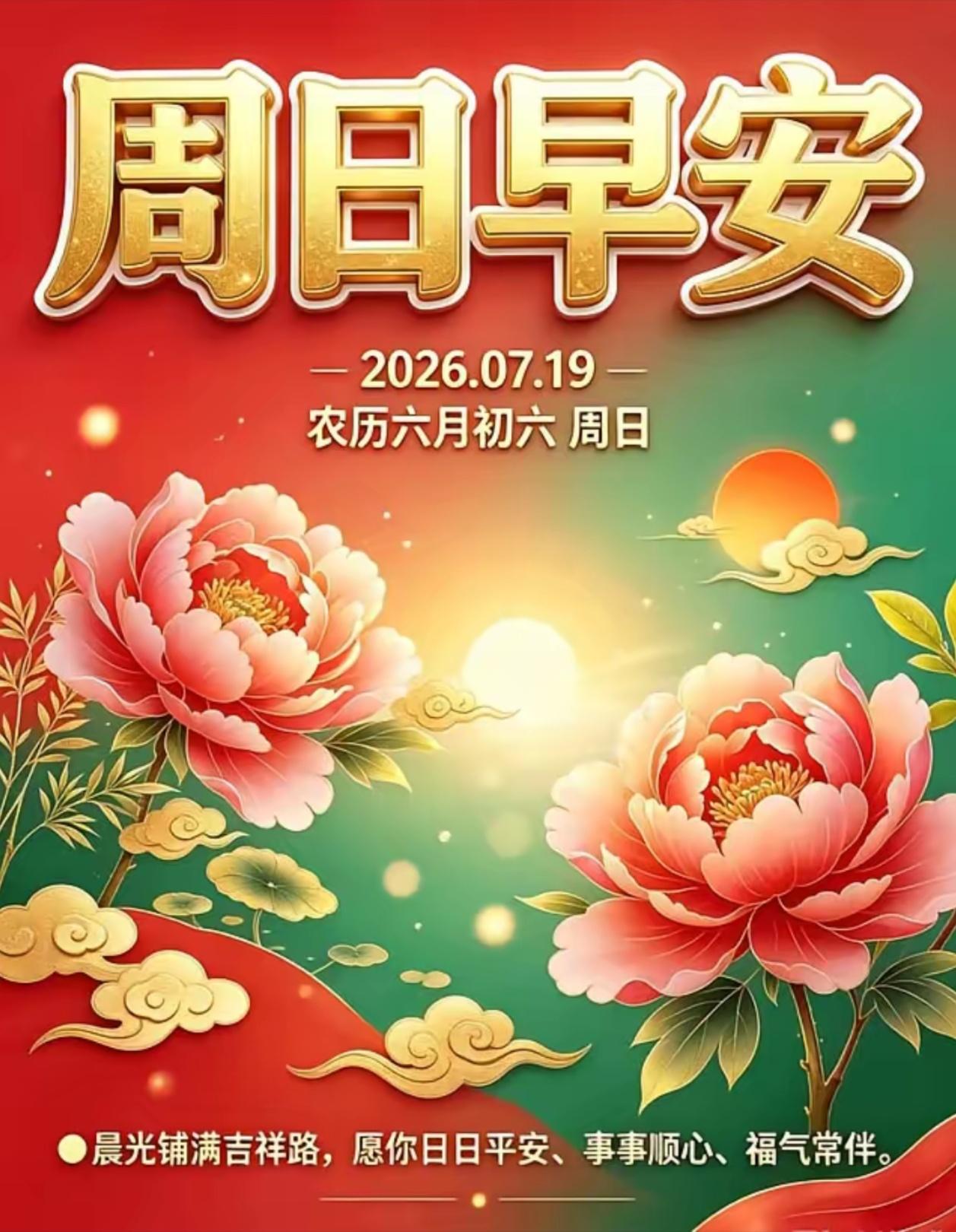 🌺2026./7月19日，晨光消伏暑，清度周日🌺
 
☘️🌅周日早安，盛夏