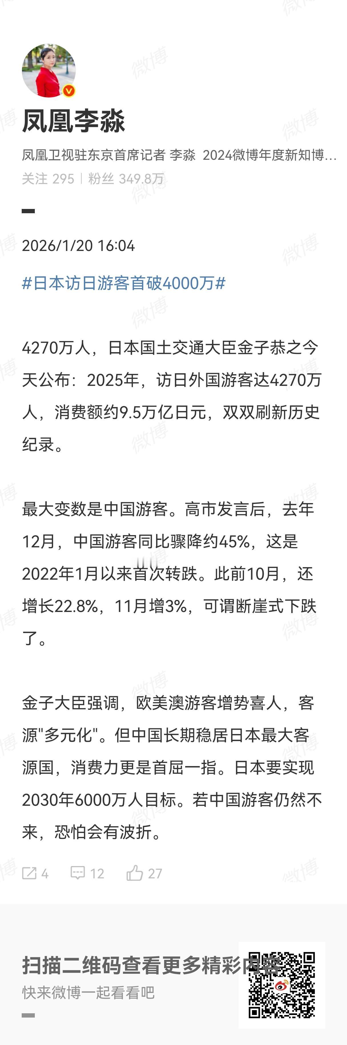 据日本统计数据显示，2025年12月，中国前往日本的游客同比骤降约45%。说句实
