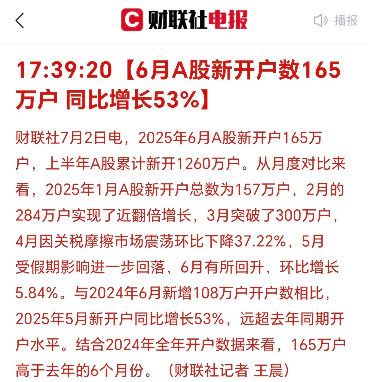 刚刚股民最新数据出来了：上半年新增开户数1255万人！单六月，就比去年同期增加5