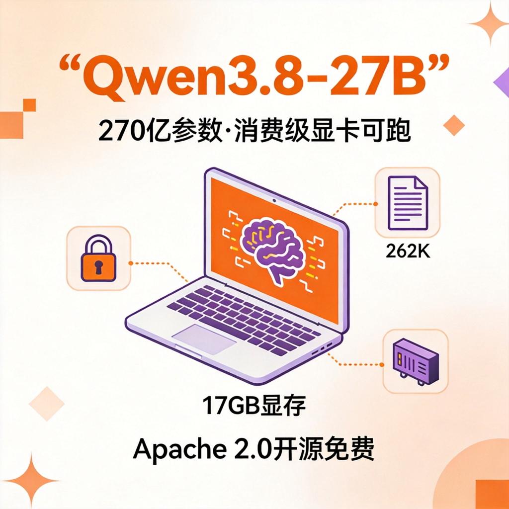 阿里刚开源Qwen3.8-27B：270亿参数，17GB显存就能在自己电脑上跑