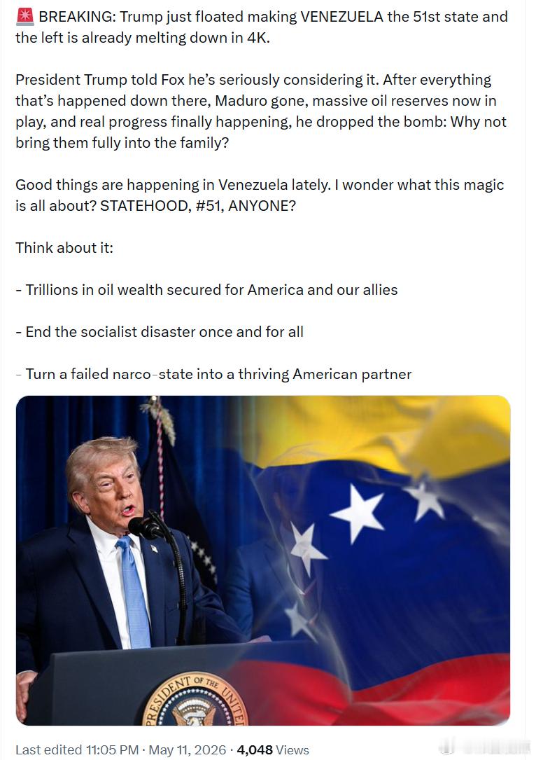 特朗普总统刚刚提出一个惊人想法：考虑让委内瑞拉成为美国第51个州，而左派已经在社