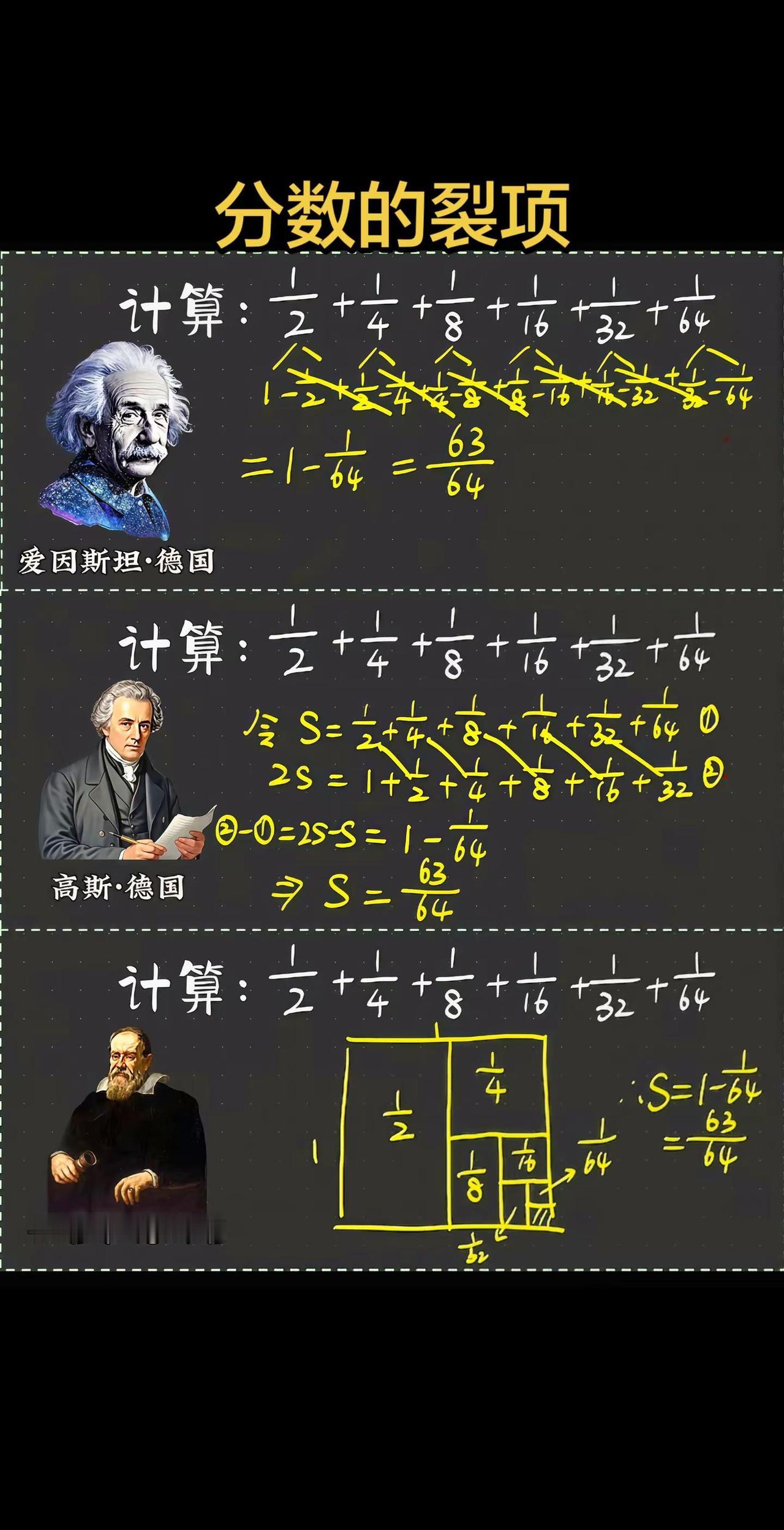 不同的大神不同的角度，爱因斯坦——裂项相消，高斯——数列构造，伽利略——数形结合