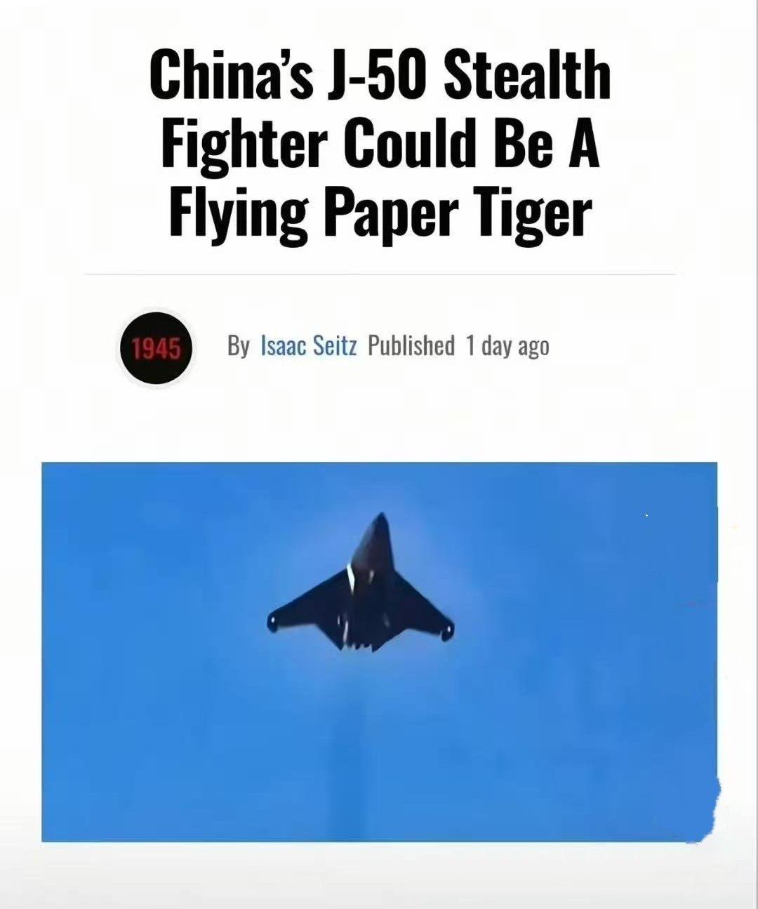 美媒：中国的歼50隐形战机可能是只纸老虎。
 
对对对，歼50就是做着玩儿的，歼