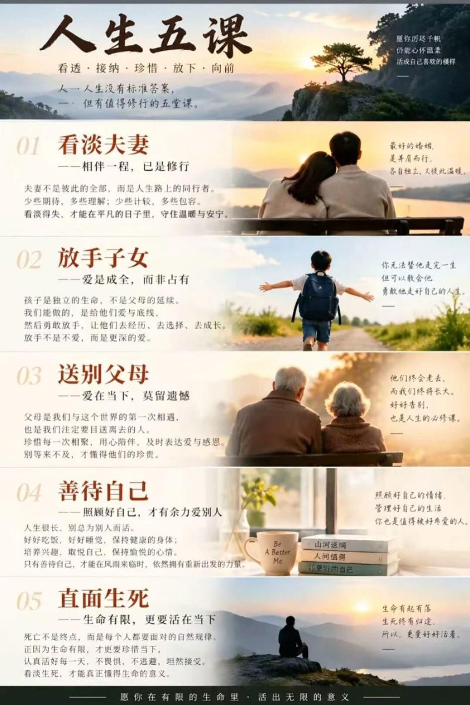 人生五课：
看淡夫妻，
放手子女，
送别父母，
善待自己，
直面生死。