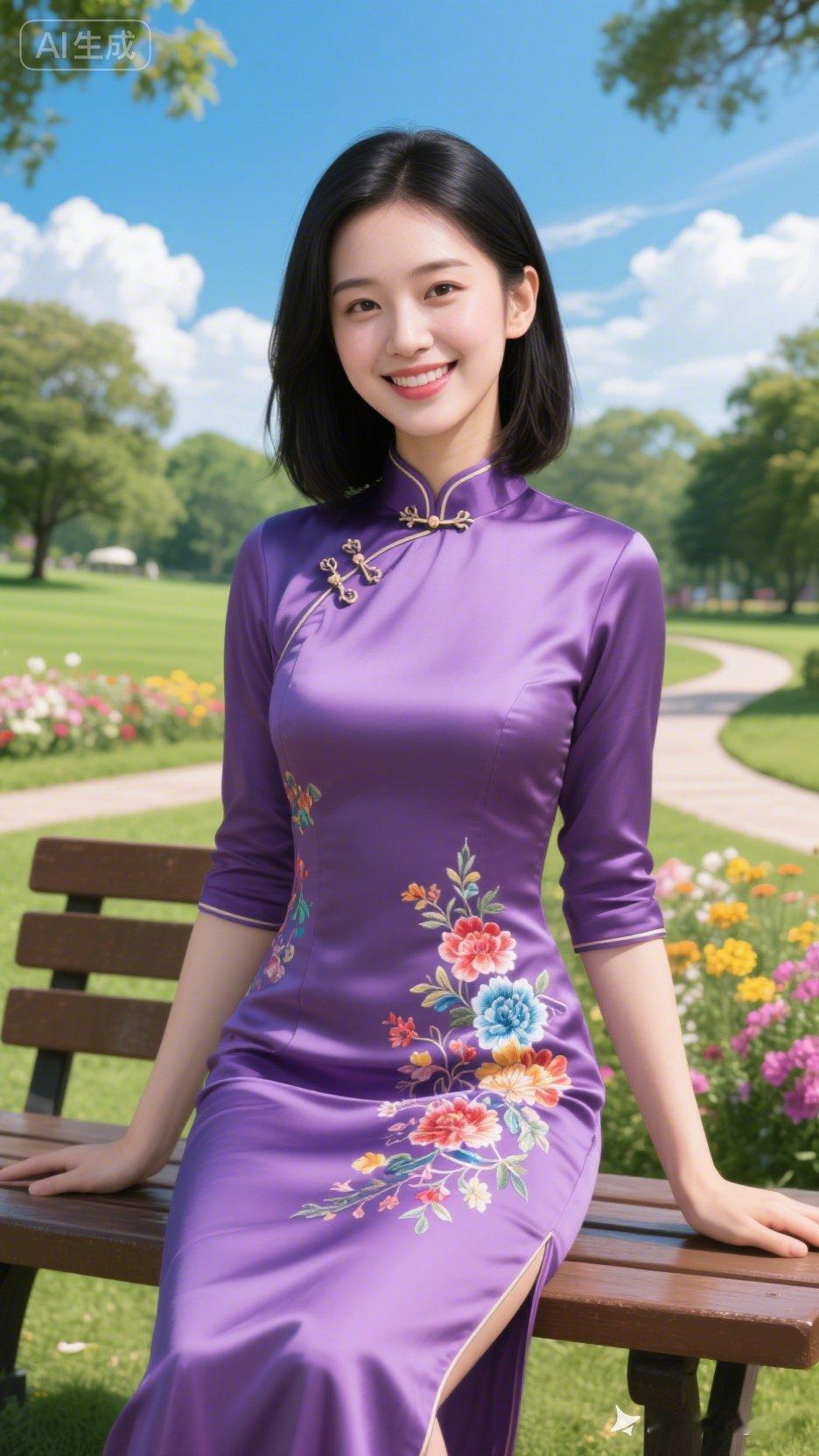 在阳光明媚的公园里，穿着紫色旗袍的优雅女子，绽放出迷人的微笑。