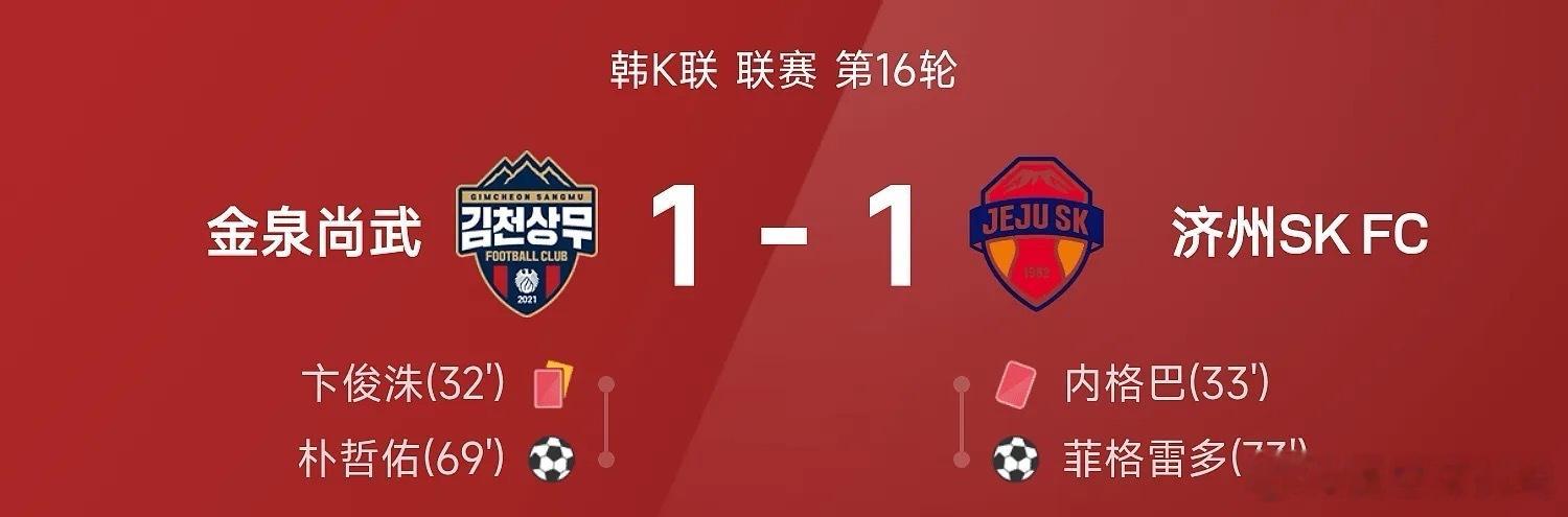 7月5日 26赛季韩K联联赛第16轮，金泉尚武1-1战平济州SK FC。全场比赛