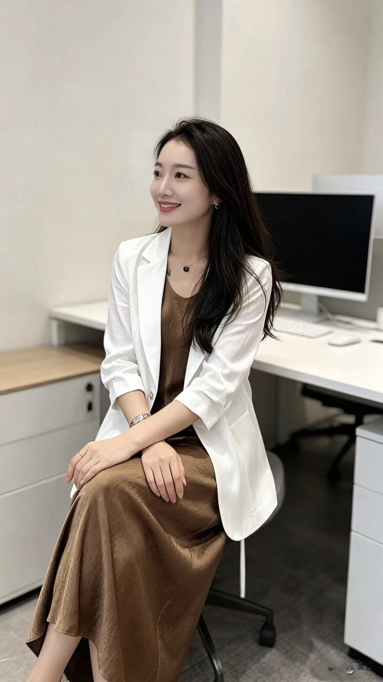 上班通勤应该怎么穿才有气质?白色外套内搭吊带长裙，面料软糯不闷汗，侧边小开叉走路