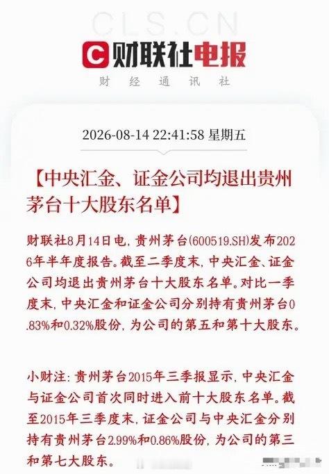 汇金，证金都掉出了茅台的前十大股东，看来白酒板块是真的不受欢迎了一季度的时候：汇