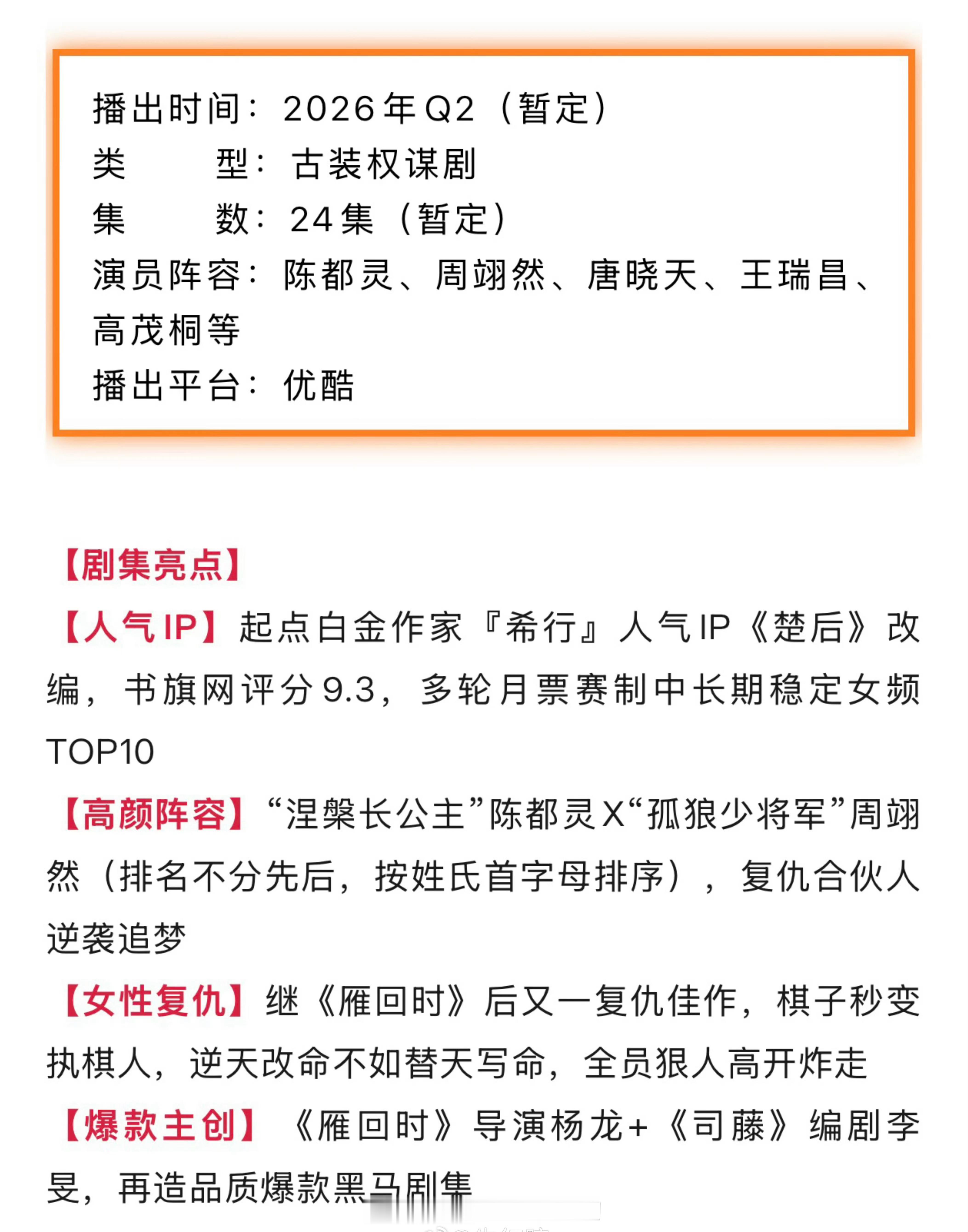 陈都灵、周翊然《翘楚》（排名不分先后，按姓氏首字母排序）播前招商，期待播出 
