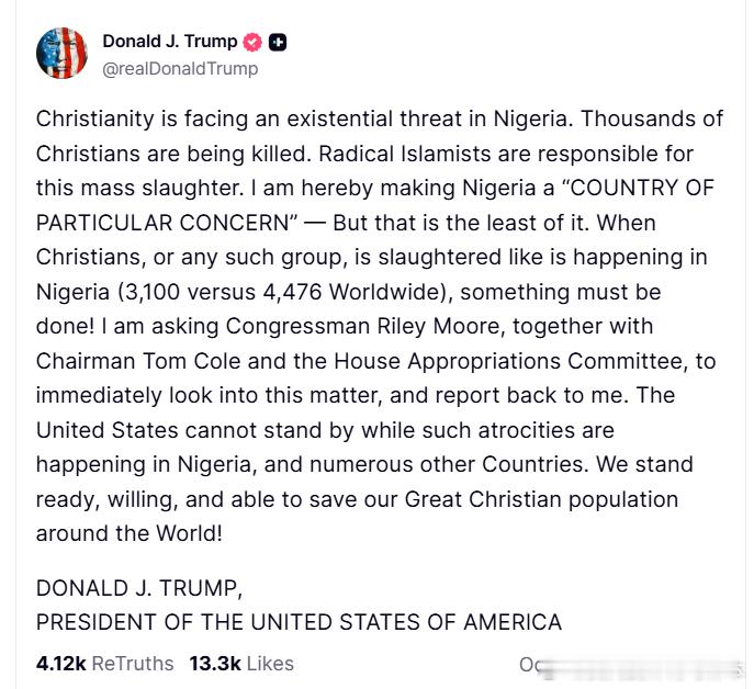 【黄金时代】川普呼吁调查尼日利亚残骸基督徒事件基督教在尼日利亚正面临生存威胁。成