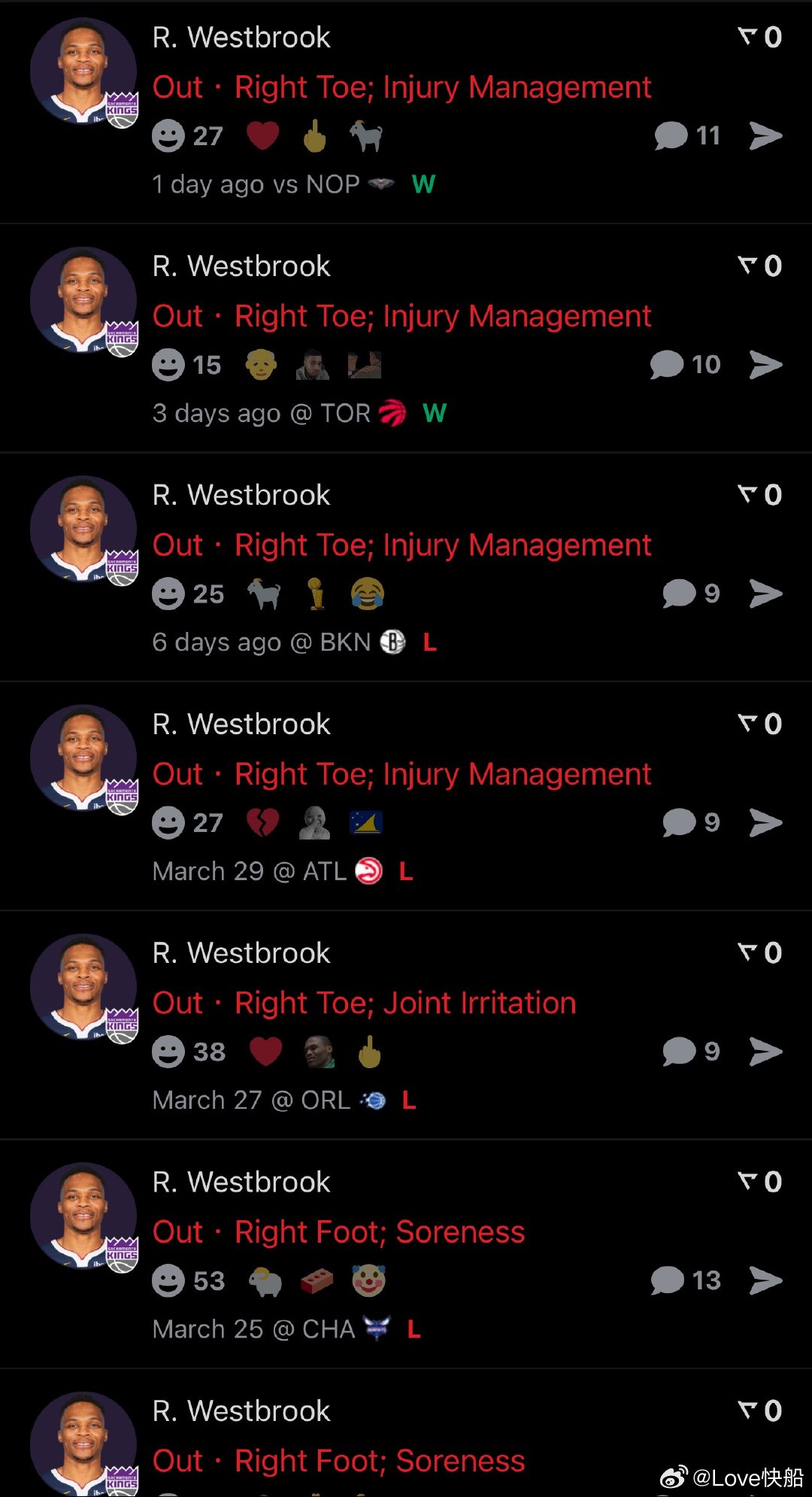 威少已经连续缺席了过去7场比赛，明天对阵快船已经升级成为了出战成疑！ 