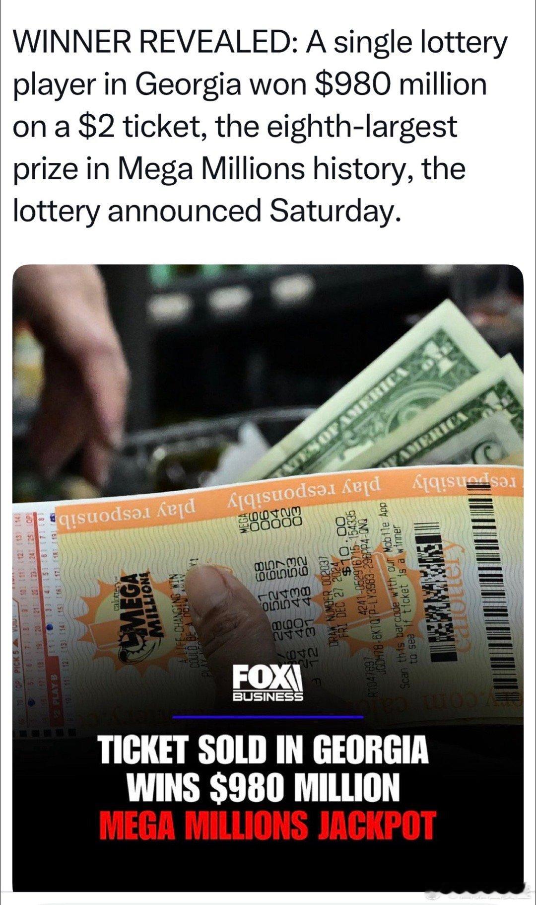 最近$9.8亿Mega Millions大奖，是一个人、用一张$2的彩 票 中的