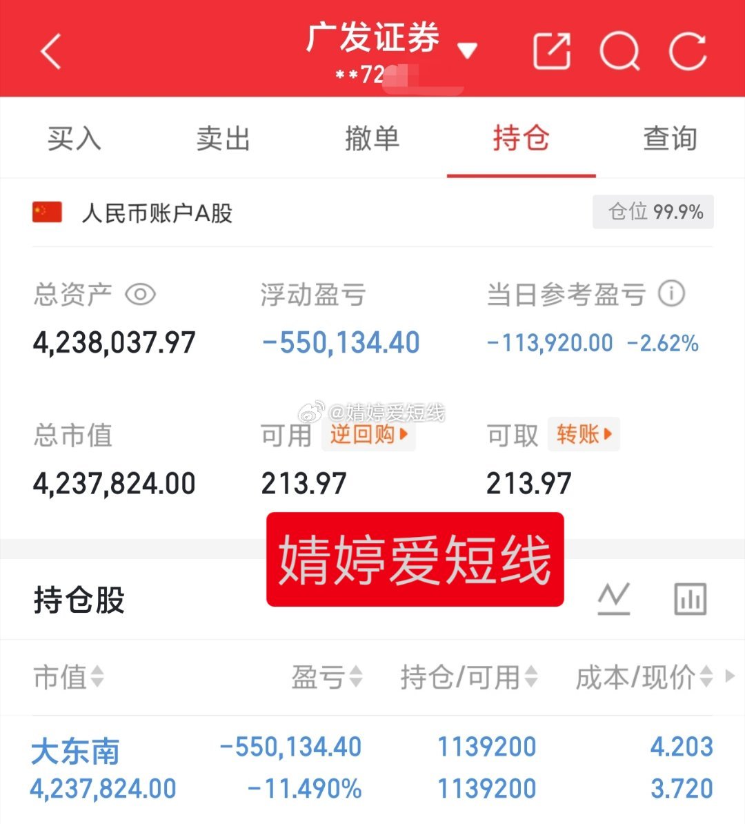 30万本金实盘记录（第459天）目前资金:4238037.97元今日持有:大东南