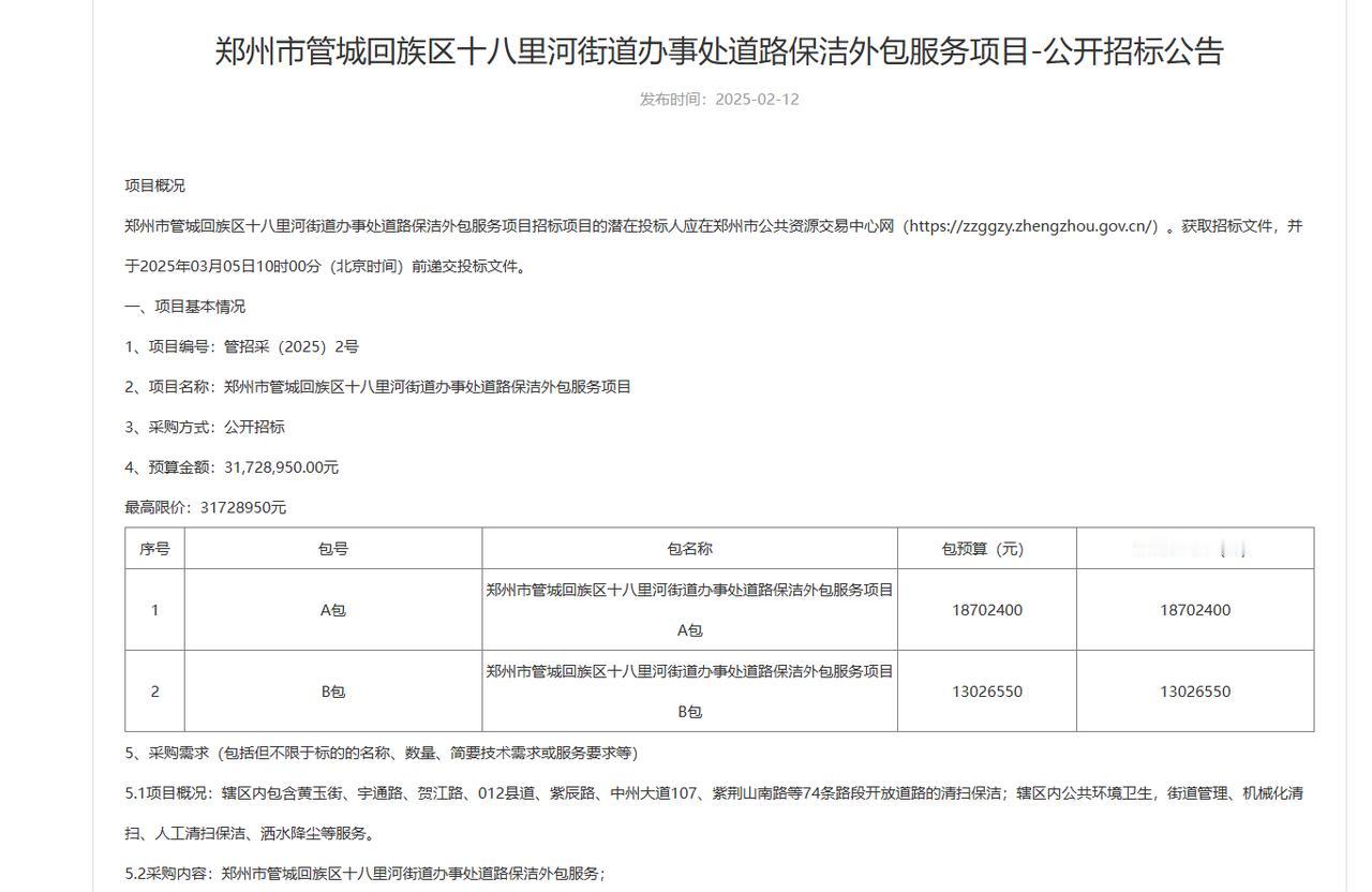 城市观察员郑州管城区十八里河街道发布74条道路保洁外包招标，总限价3712.89