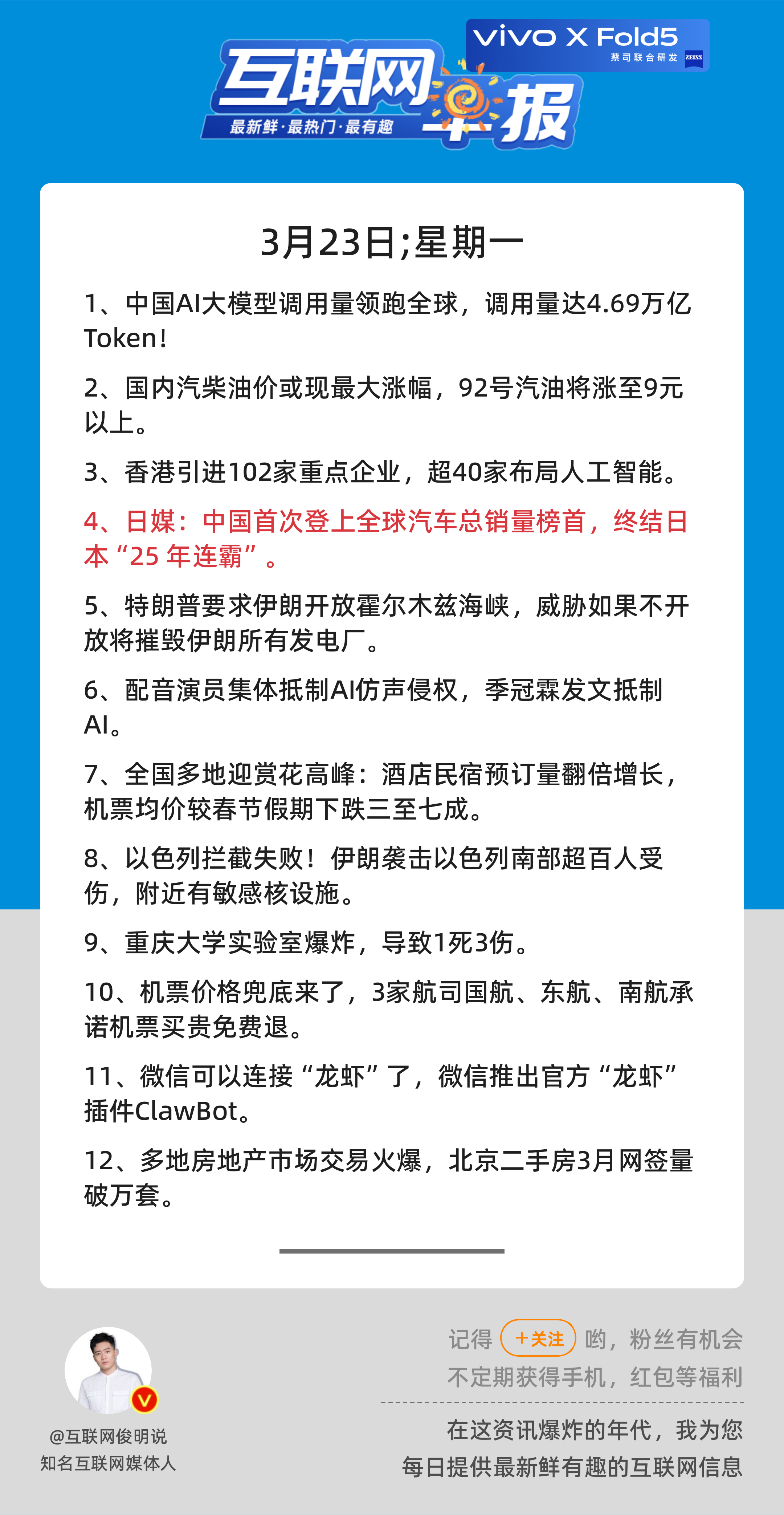 3月23日，星期一，《第3086期》；互联网早报，众览天下事关心第4条：日媒：中