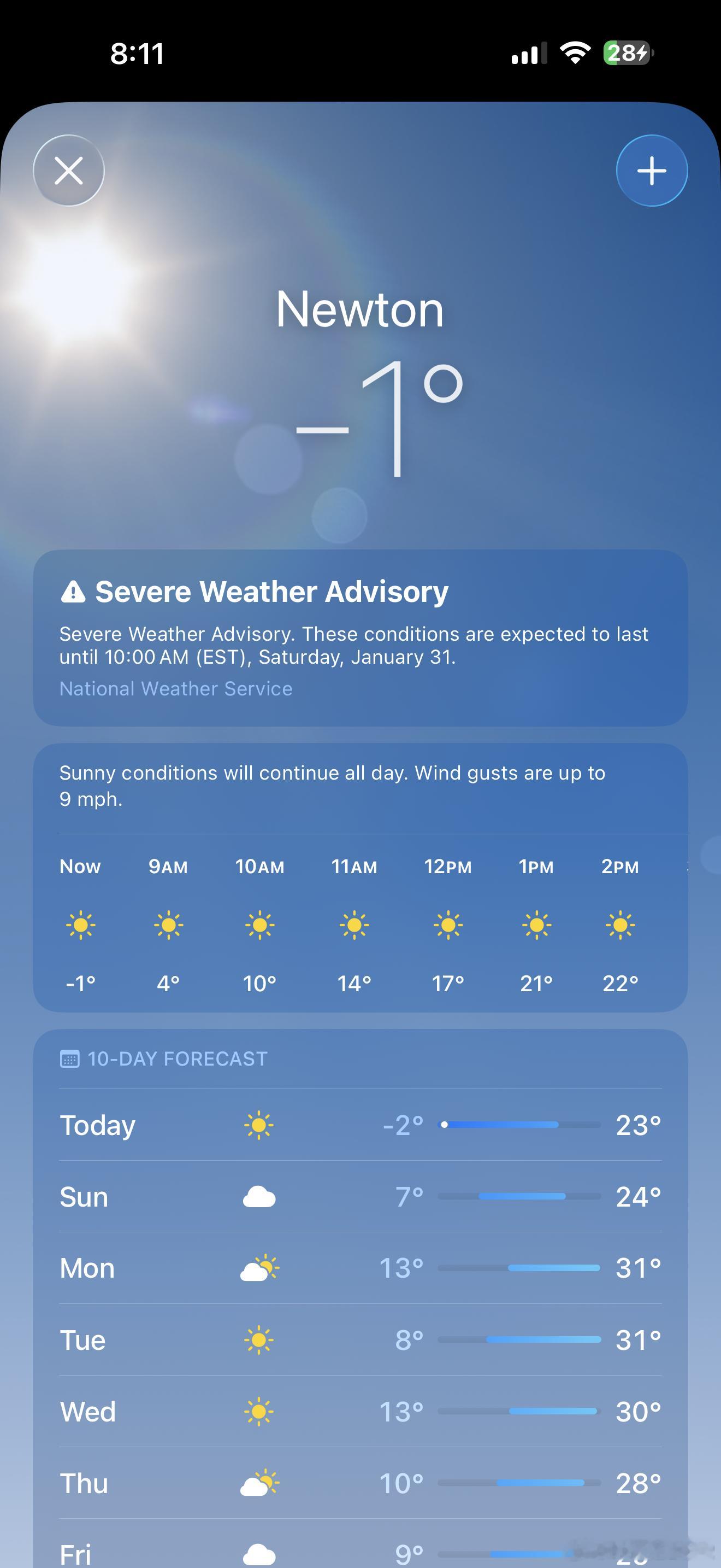 此刻是今冬最低白天温度，华氏-1度。 