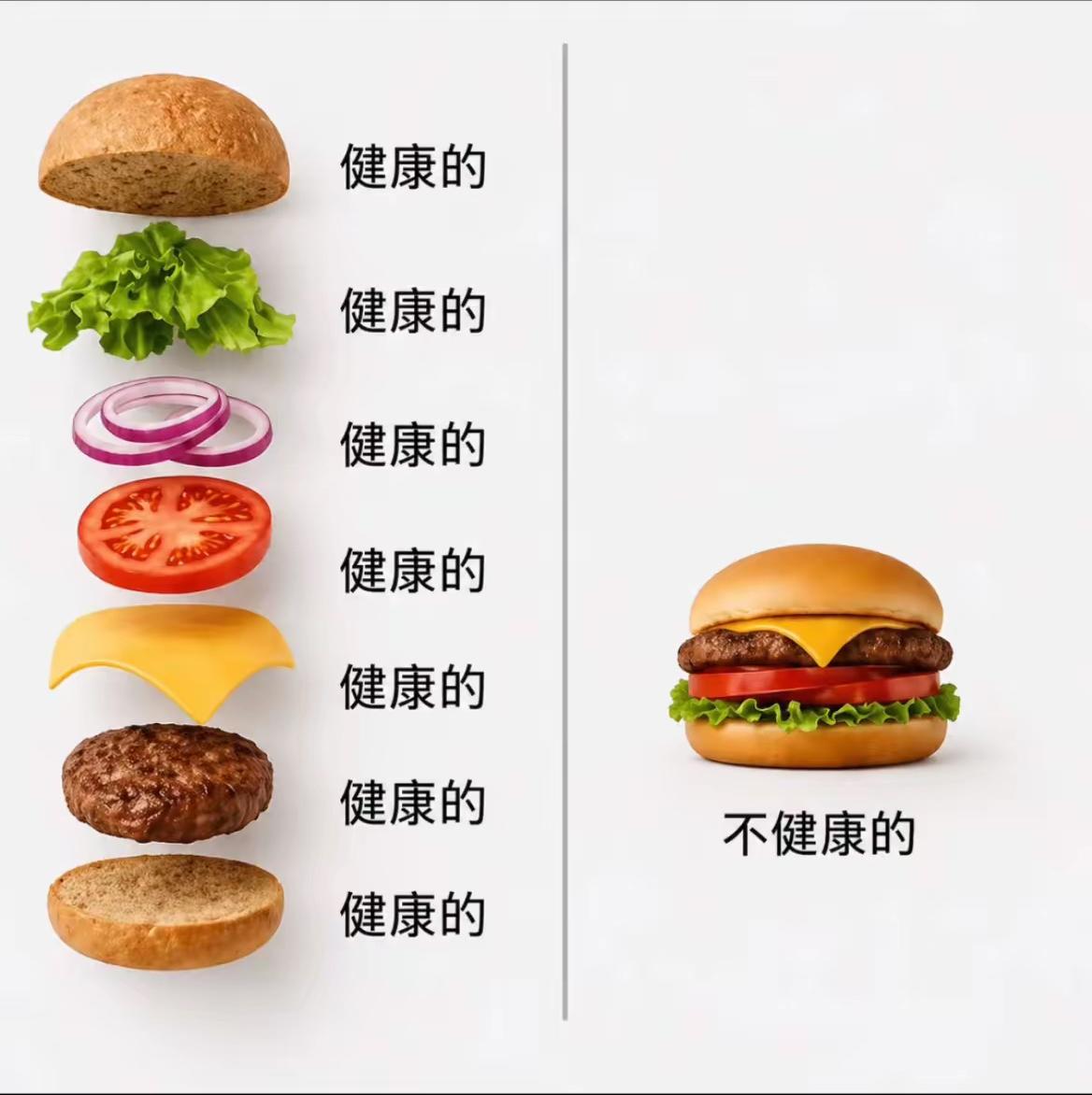 孩子问我：面包是健康的，生菜是健康的，鸡肉是健康的，为什么做成汉堡就不健康了？