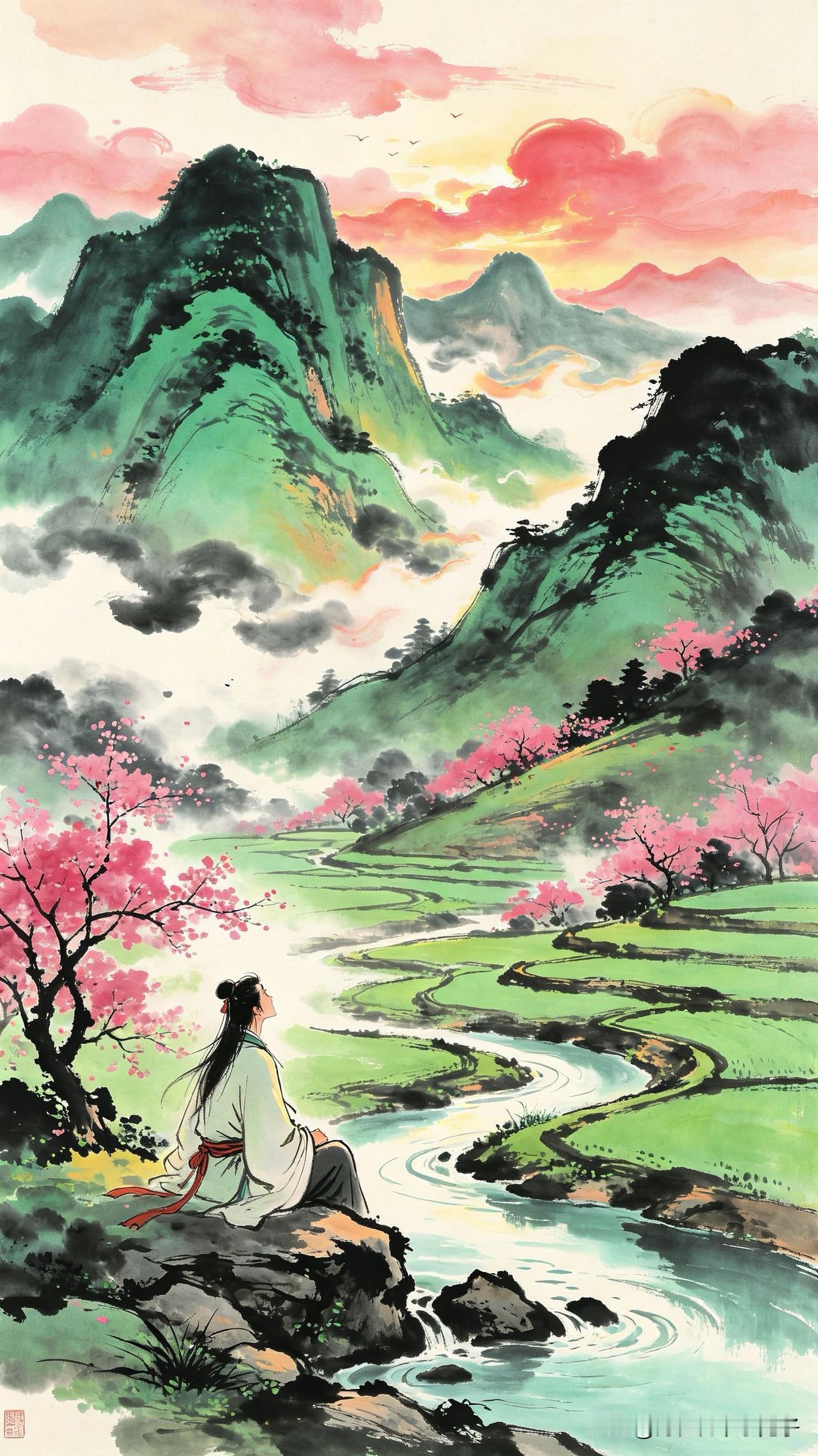谁将翠色染层巅，
晴霭浮空欲化烟。
笔底云霞生万象，
     
…………请师友