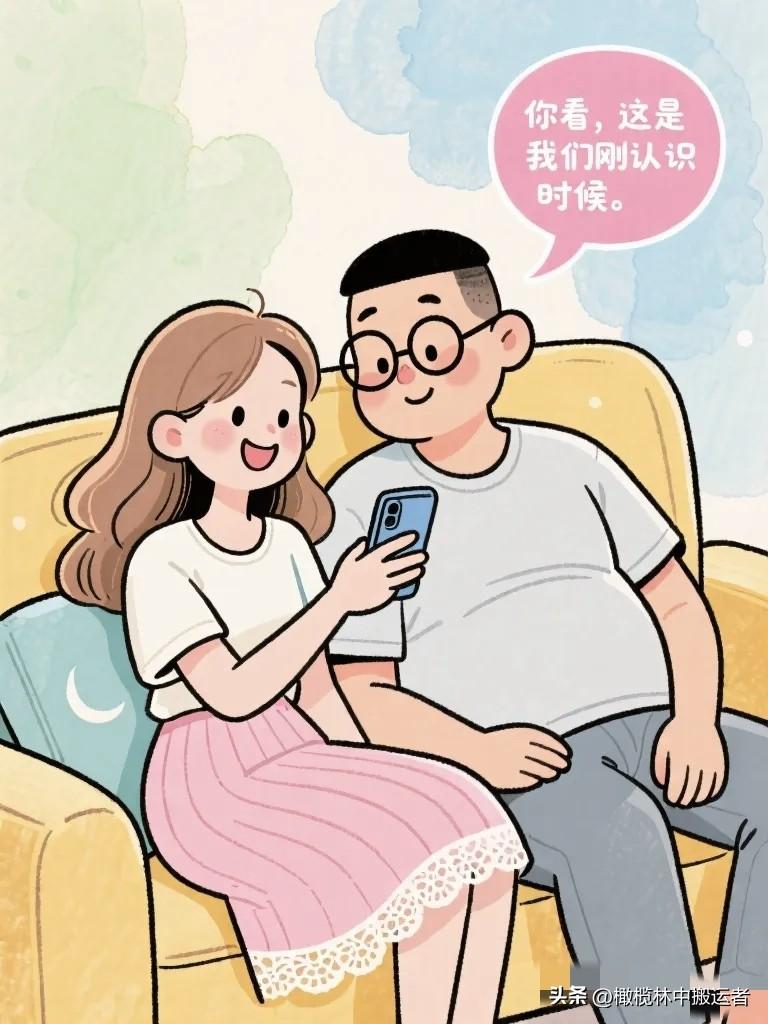搞笑漫画：夫妻窝在沙发上看相册。 妻子："你看，这是我们刚认识的时候。" 丈夫：