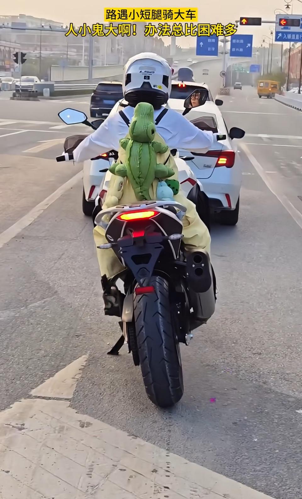 1. 萌娃配机车，还有小恐龙当“副驾”，可爱值拉满～

2. 人类幼崽的机车初体