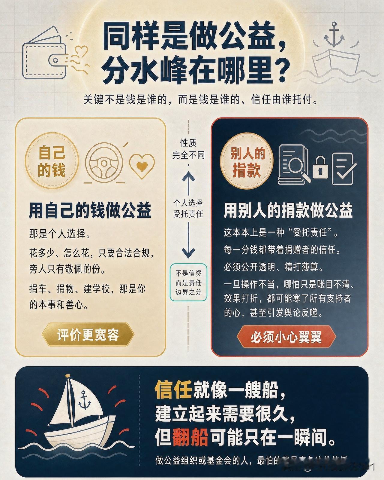 拿自己赚的钱做公益，买啥车捐别人没得说，你是大善人。
收别人月捐人的钱，再做慈善