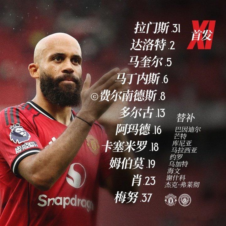 曼联vs曼城 首发阵容⬇️ 20:30开赛！曼联首发：31-拉门斯、2-达洛特、