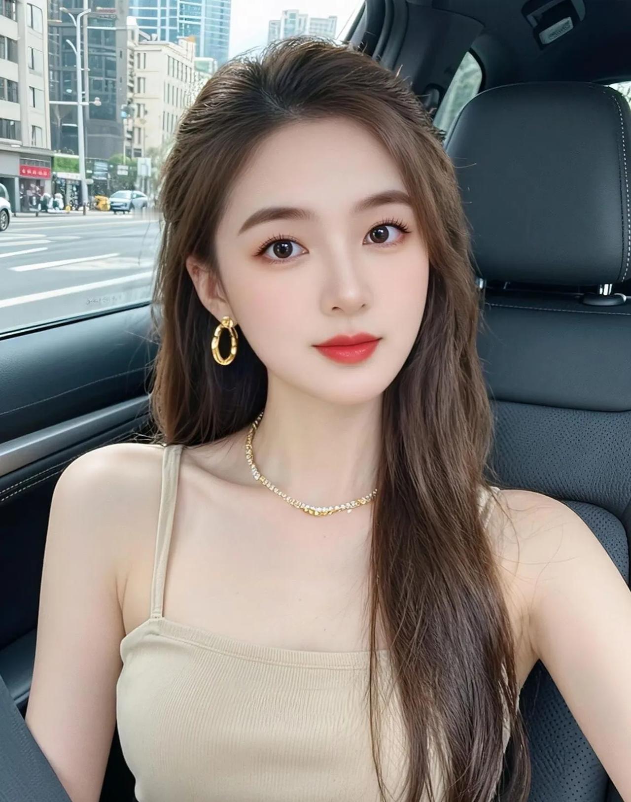 车内自拍，少女感满满，金色项链和耳环很吸睛！车内的美女