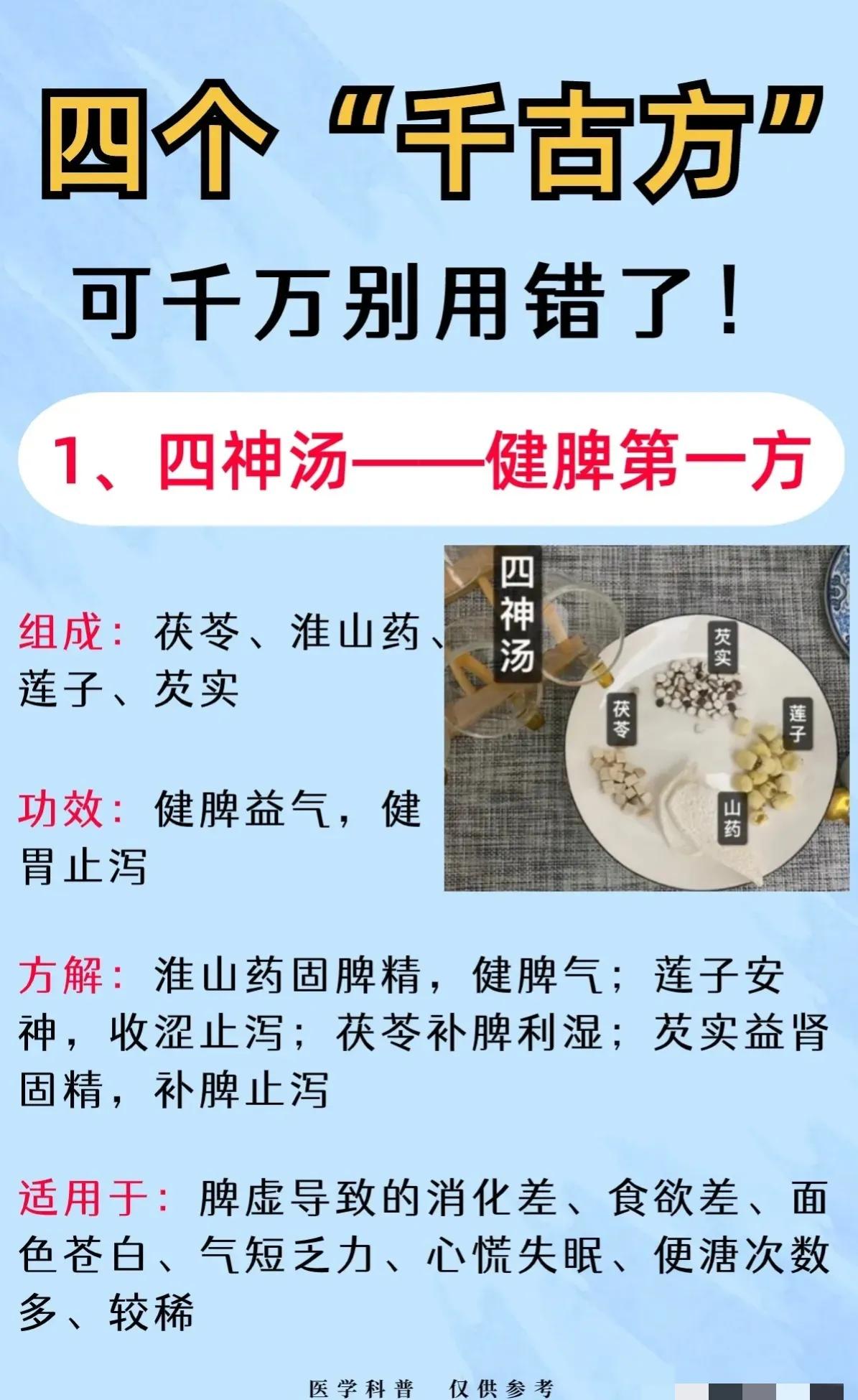 今天我要给大家介绍四个养生“千古方”，分别是四神汤、四逆汤、四君子汤和四物汤。这