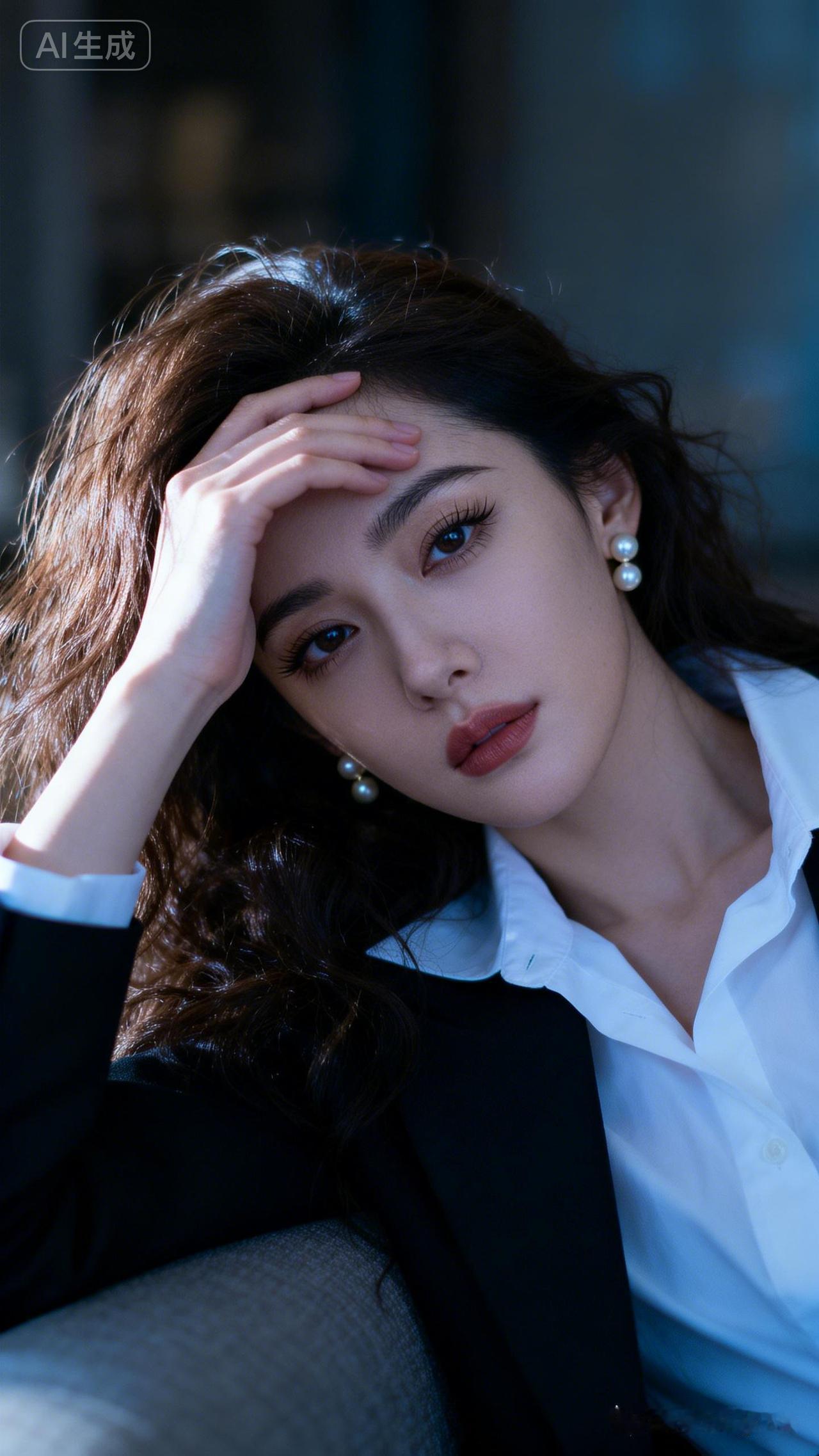 冷白皮鹅蛋脸美女，棕褐凌乱长卷发，含情眼眸，慵懒扶额坐姿，强明暗对比，焦外虚化，