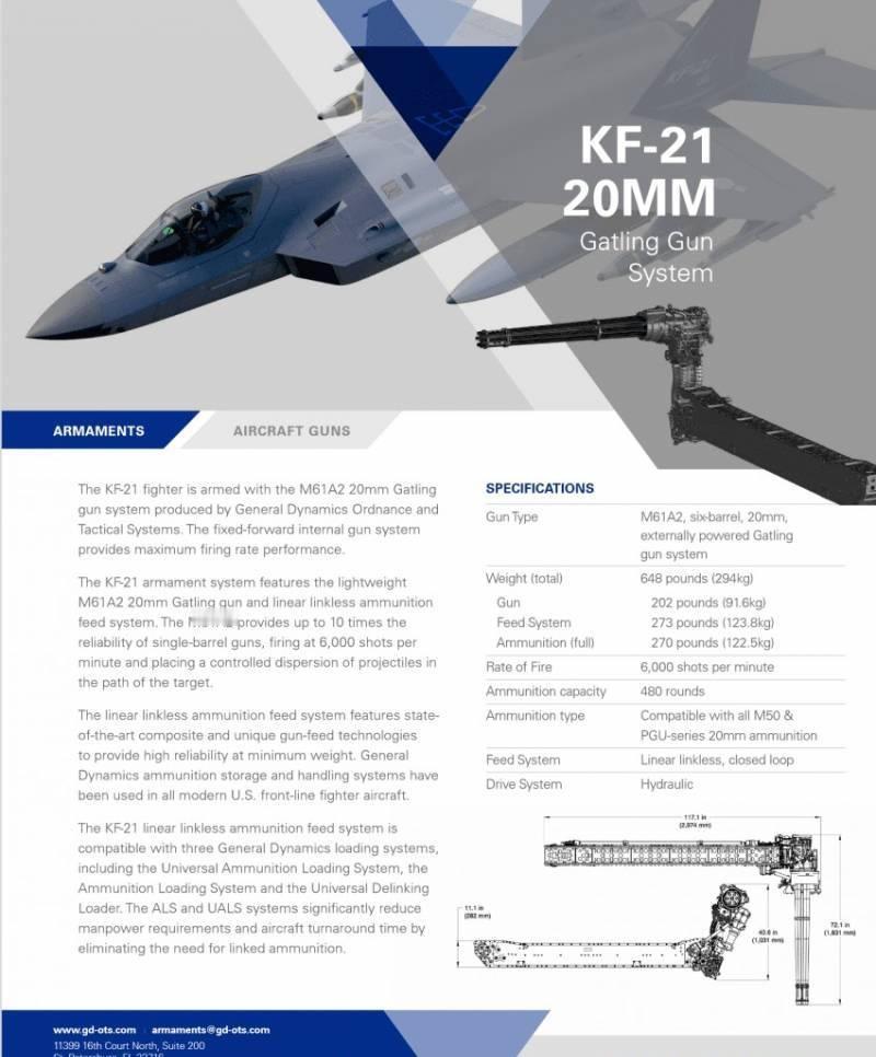 KF-21战斗机配备了由通用动力军械与战术系统公司生产的 M61A2 20 毫米