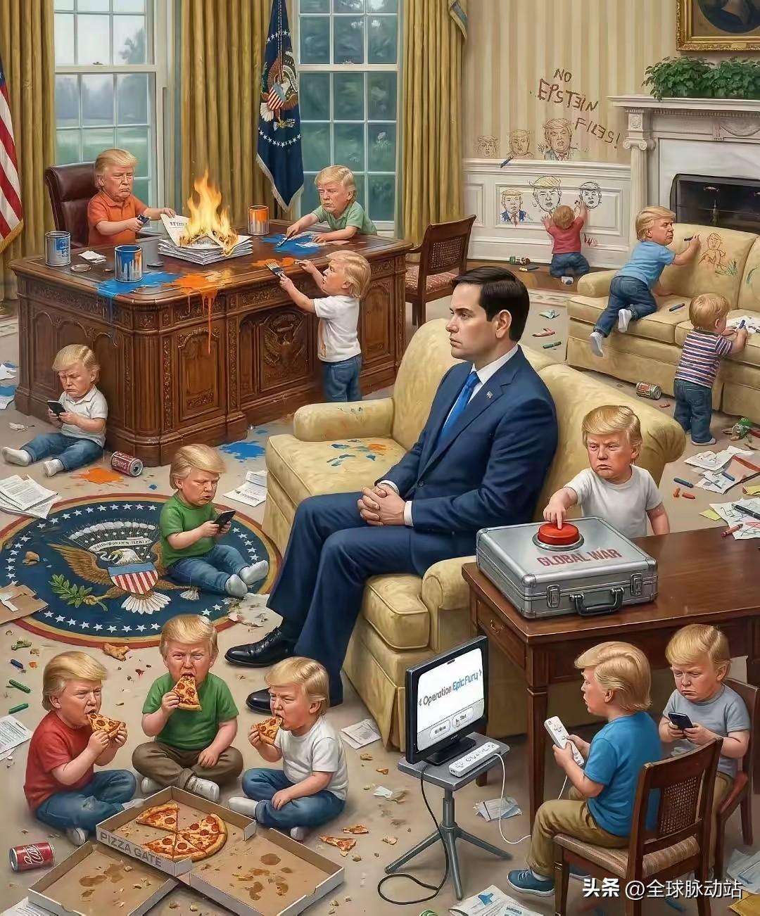 这幅讽刺画把美式政治玩明白了🤣
 
这幅描绘白宫椭圆办公室的讽刺画太敢画了！
