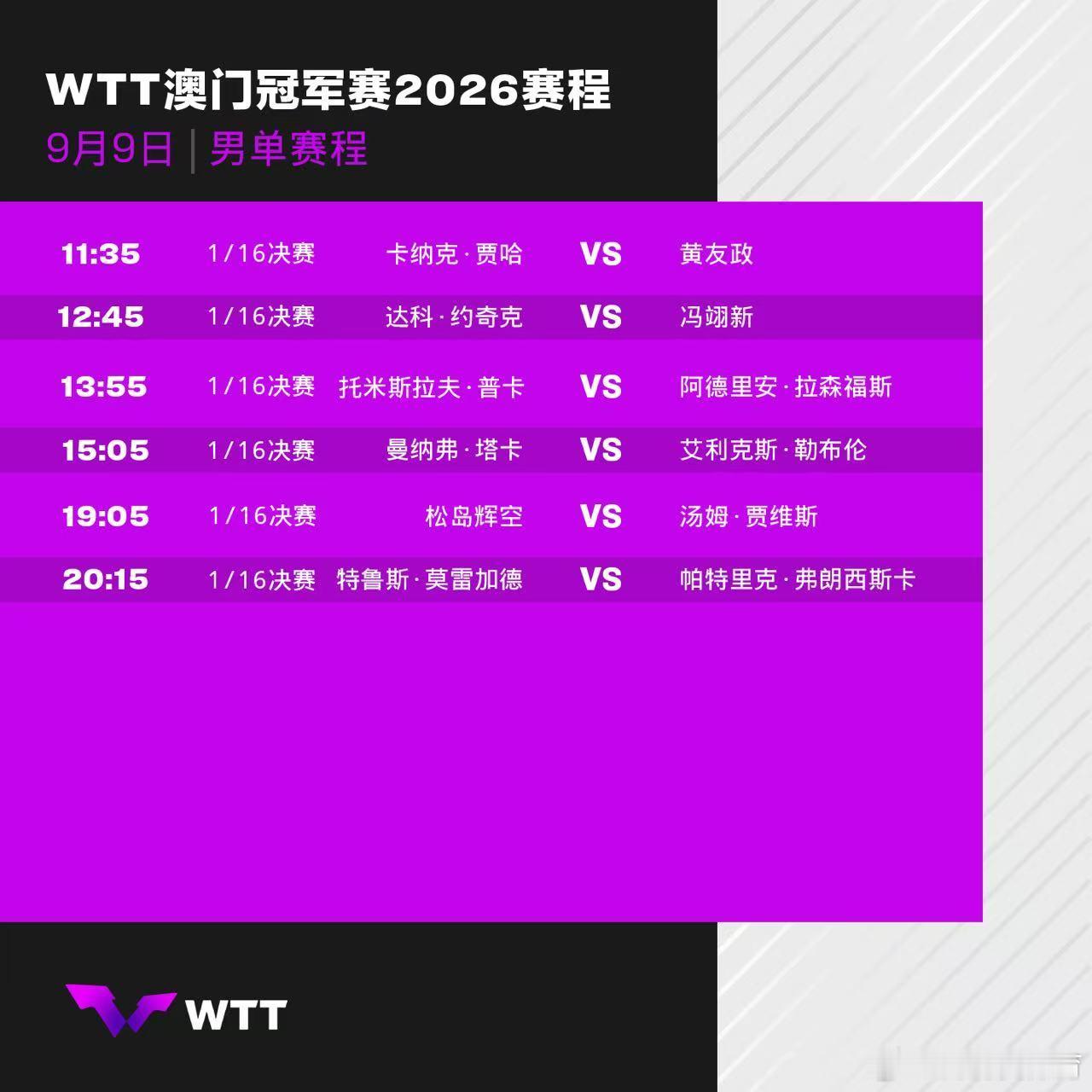 wtt澳门冠军赛2026 9月9日赛程。中国乒乓球梦之队[超话] ​​​