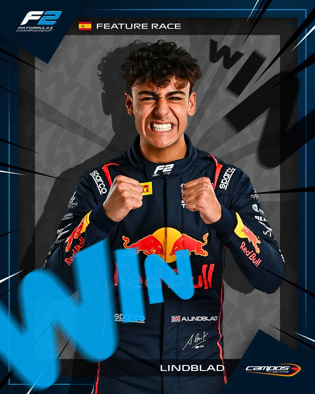 F2 红牛青训车手林得布拉德赢得F2西班牙周日正赛冠军！2025F1西班牙大奖赛