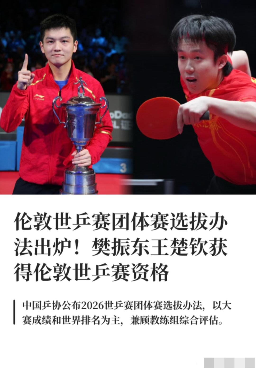 官宣！国乒最强双雄锁定伦敦世乒赛，王皓盖章认证“队内最强”
 
国乒的重磅消息来