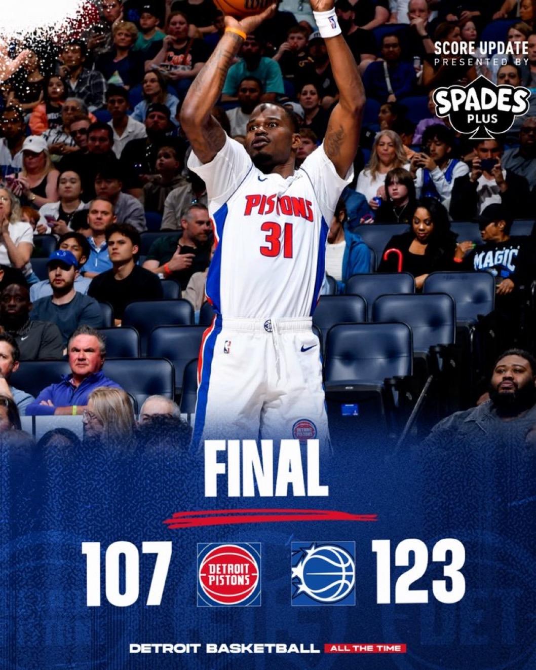 4月7日NBA常规赛战报（5场）：

活塞107-123魔术
尼克斯108-10