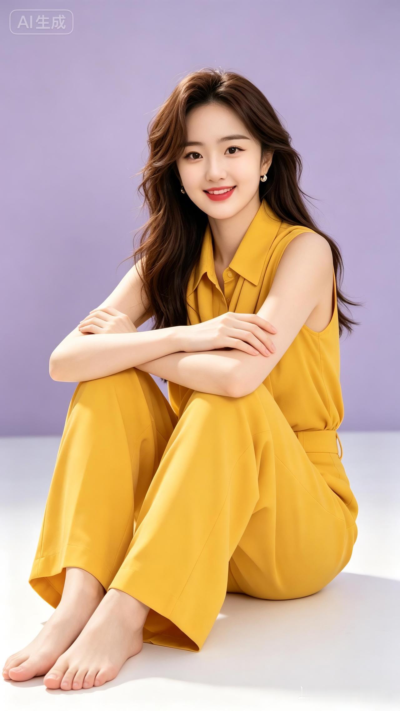 棕发女子涂明艳红唇，赤脚身着亮黄无袖翻领套装，收腿静坐、双臂轻叠于膝。浅紫纯色背