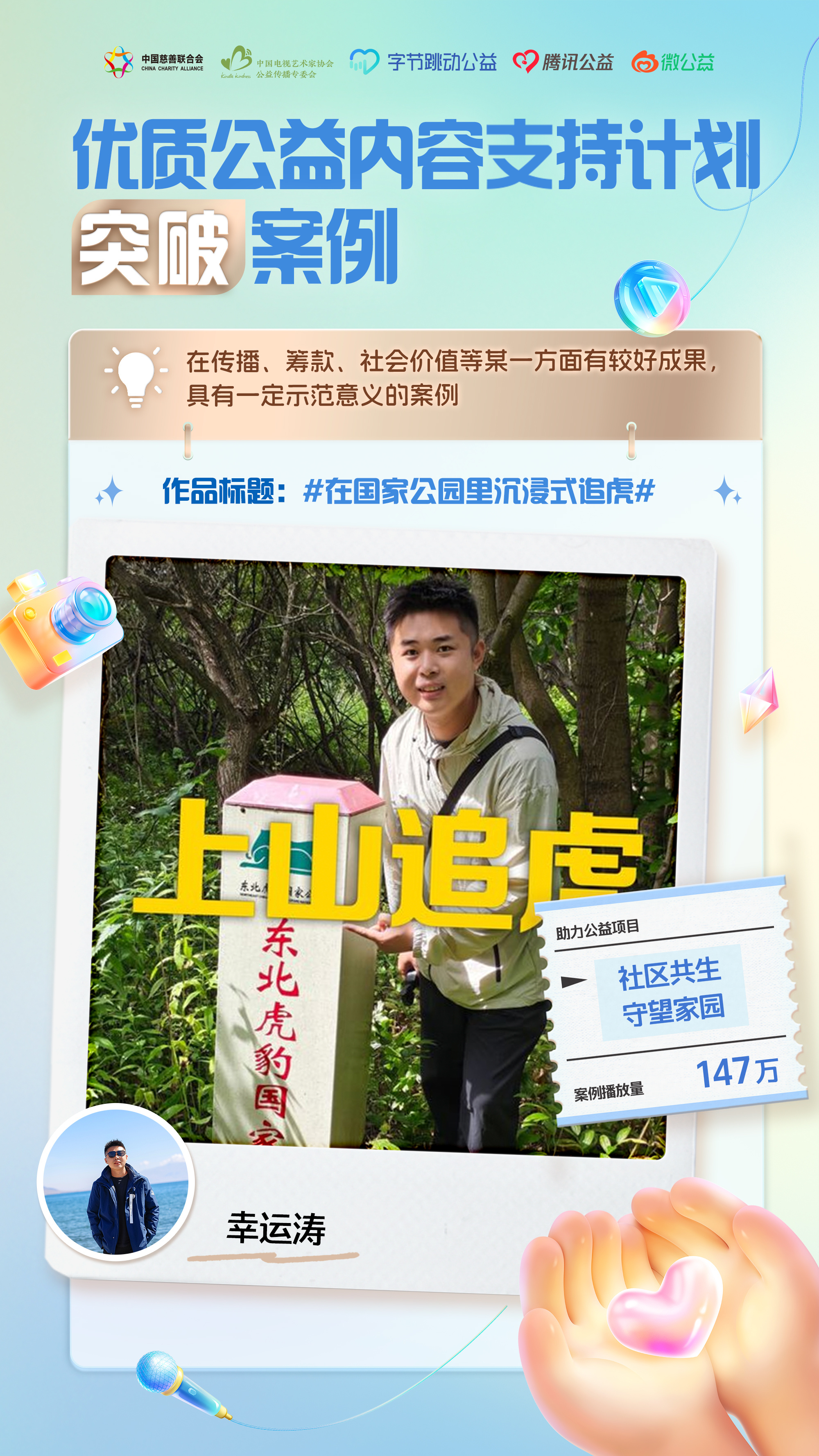 聚小善成大爱前不久和在珲春东北虎豹国家森林公园体验巡护员工作的视频评上优质案例！