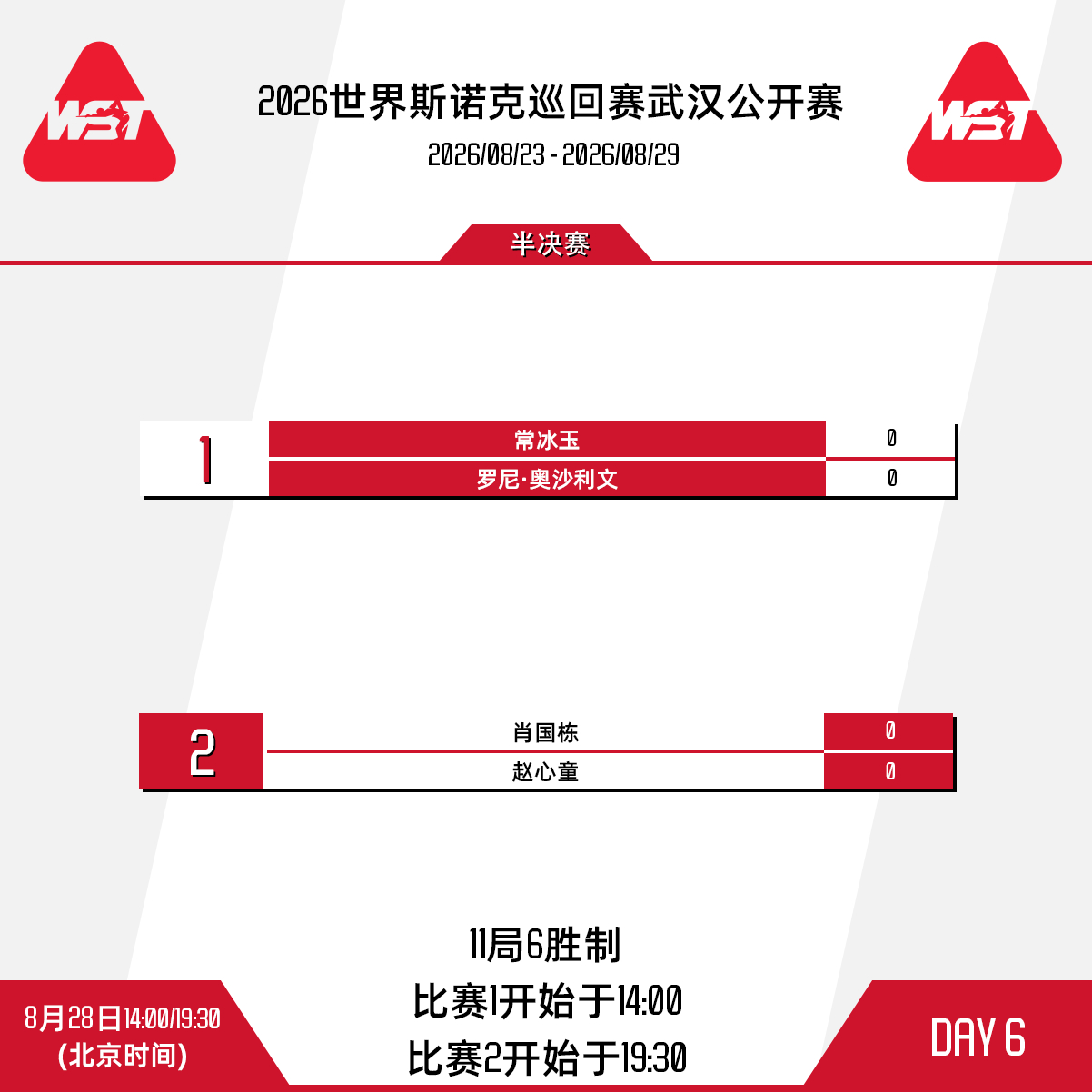 2026斯诺克武汉公开赛 第六比赛日安排如下：14:00 常冰玉 vs 罗尼·奥