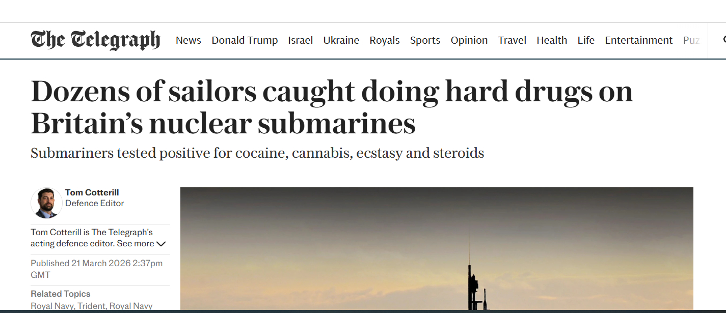 数十名英国皇家海军核潜艇部队的当班潜艇兵药检呈阳性2026年3月21日，《每日电