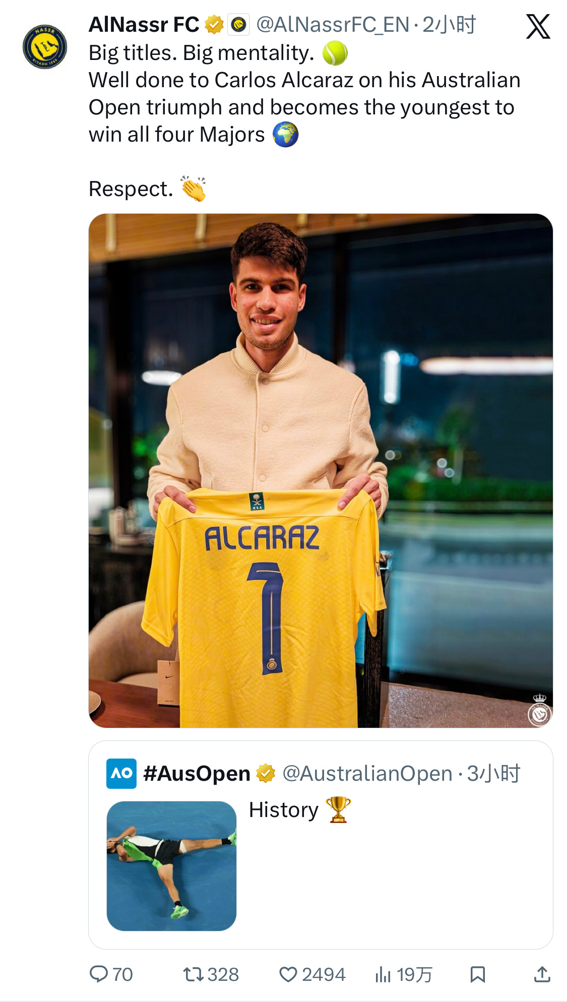 阿尔卡拉斯夺冠｜澳网2026 wow ～～ 胜利也发帖恭喜阿卡成为最年轻的全满贯