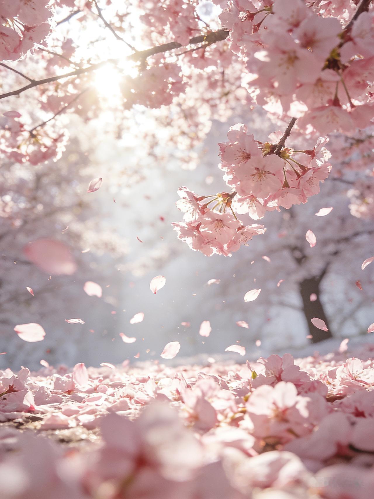 远看如霞，近看如雪：从远处眺望，满树的樱花连成一片，像粉色的云霞落在人间。但走近