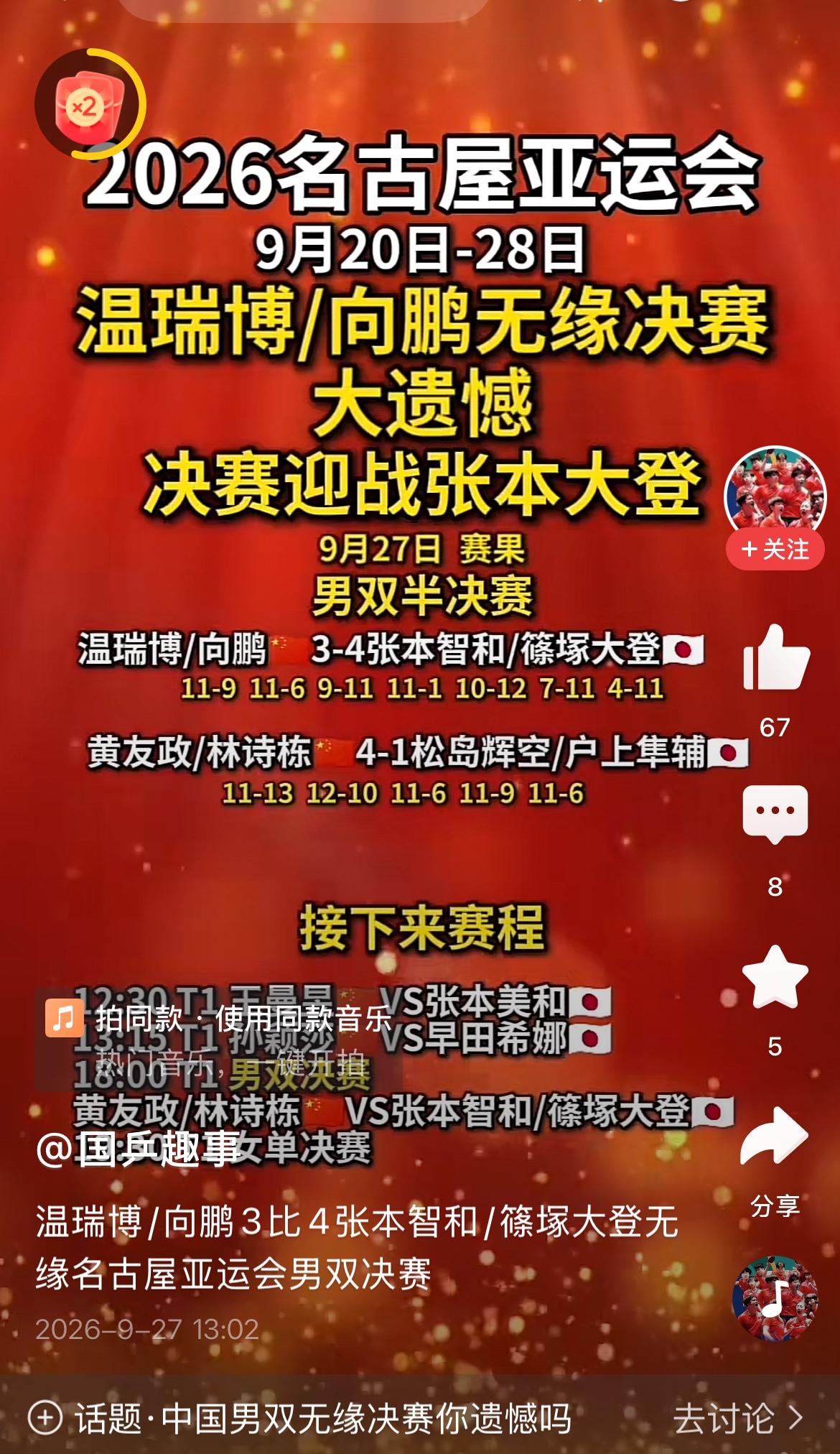 亚运会乒乓球男双半决赛，向鹏、温瑞博组合，对阵张本智和、篠塚大登。
前四局向鹏、
