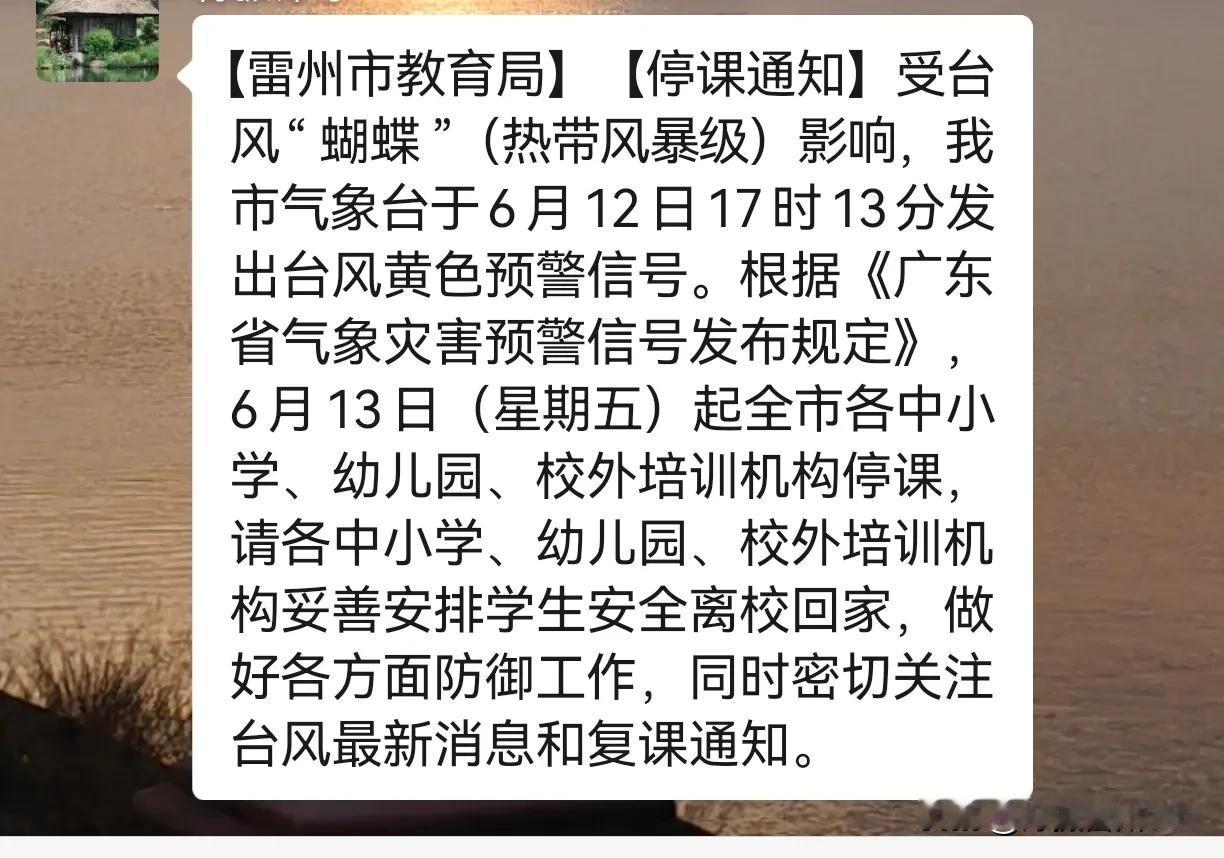 “蝴蝶”预警升级，雷州全市中小学停课。
刚刚接到学校通知，由于今年1号台风“蝴蝶