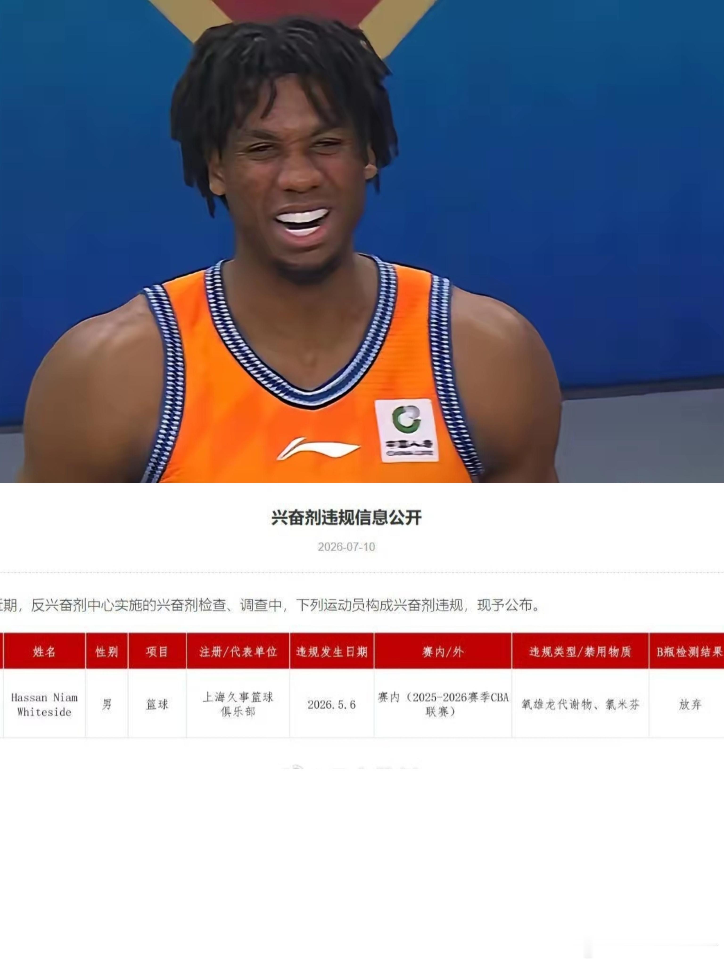 中国反兴奋剂中心公布上海外援怀特塞德服用兴奋剂。此前球队记者薛思佳在面对球迷提问